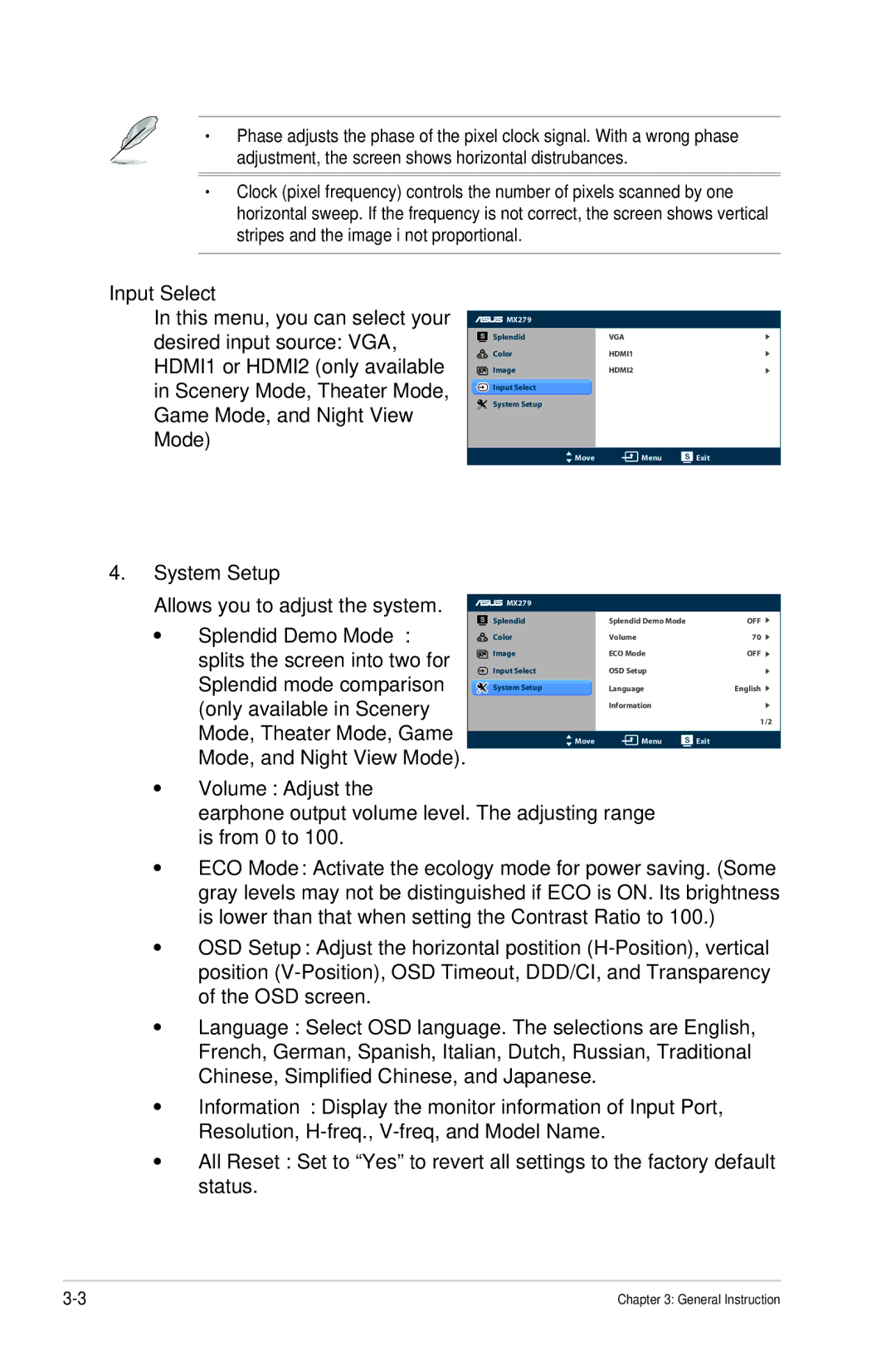 Asus MX279H manual Input Select, System Setup 