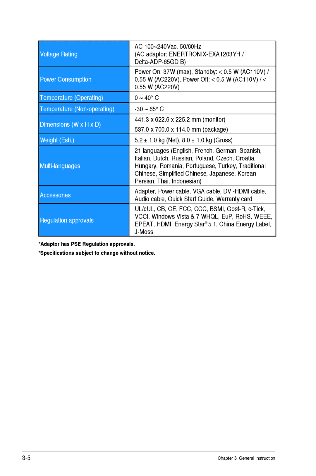 Asus MX279H manual AC 100~240Vac, 50/60Hz 