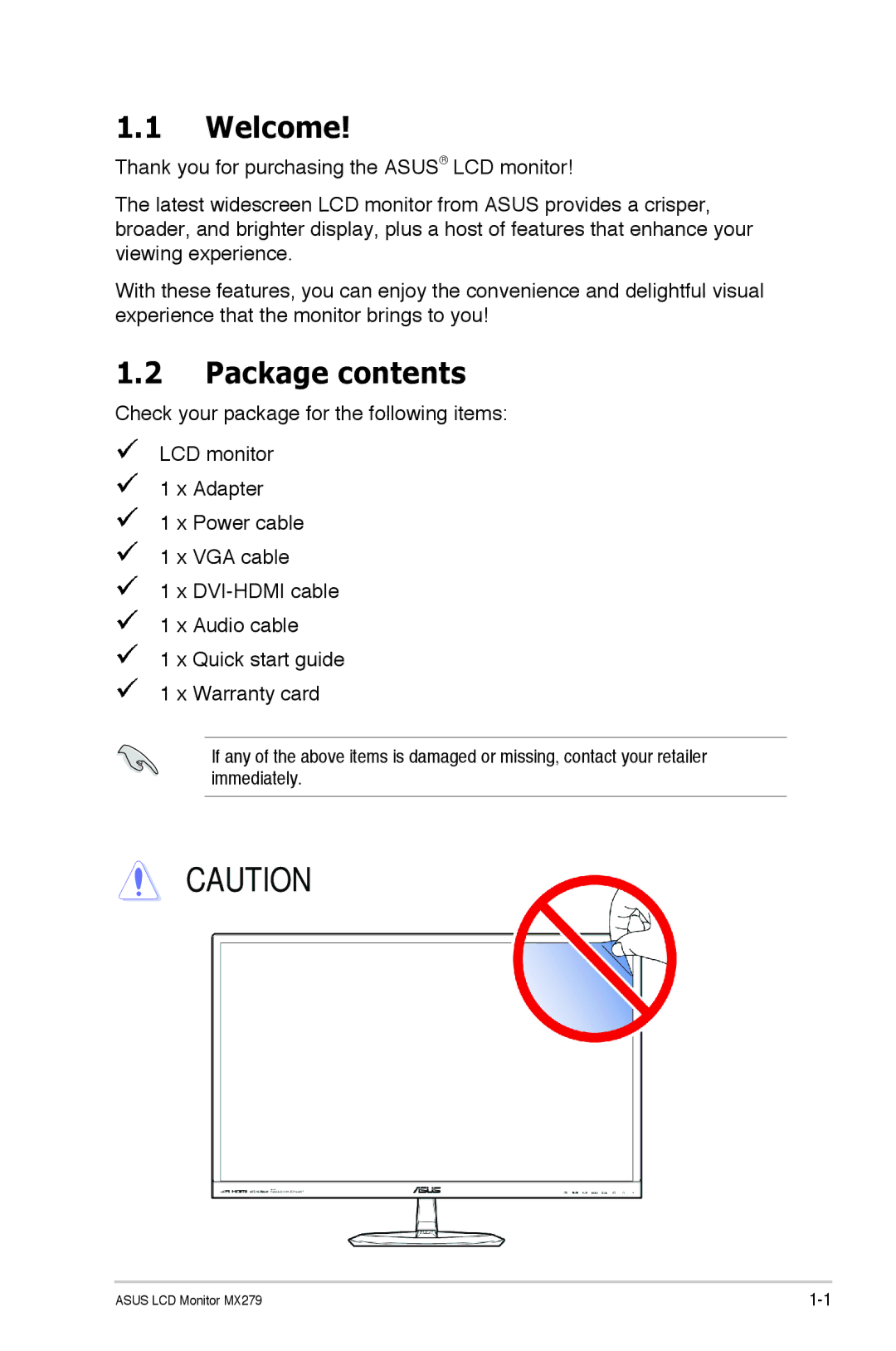 Asus MX279H manual Welcome, Package contents 