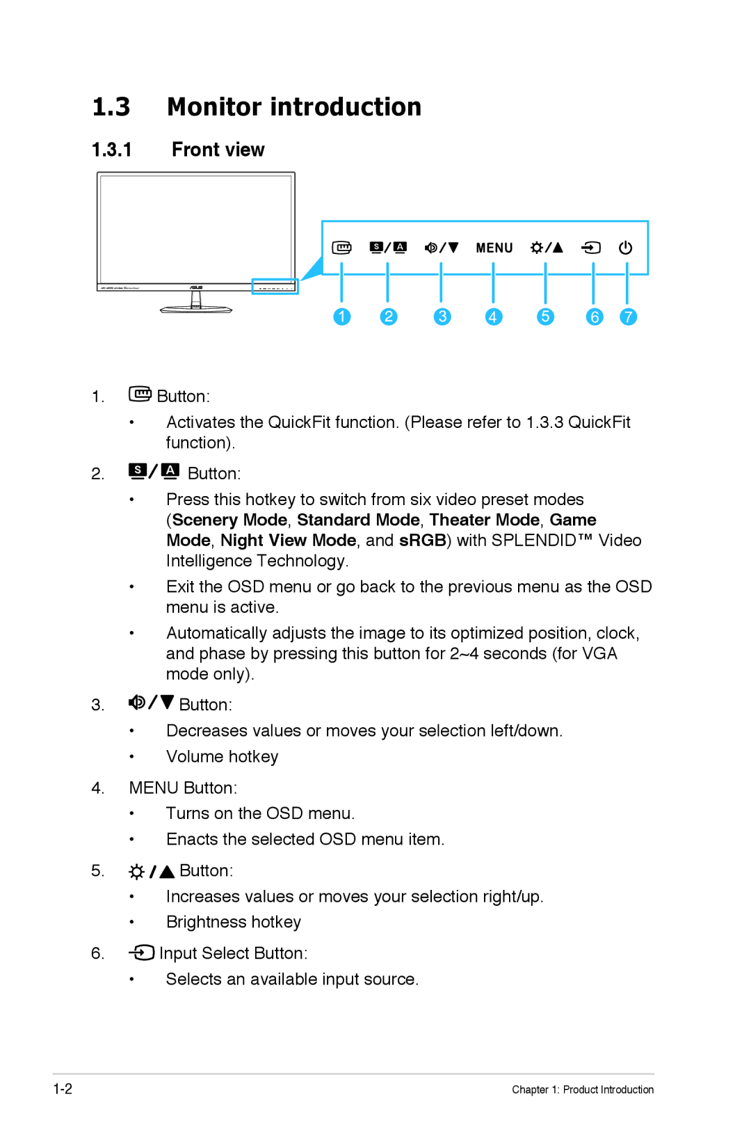 Asus MX279H manual Monitor introduction, Front view 