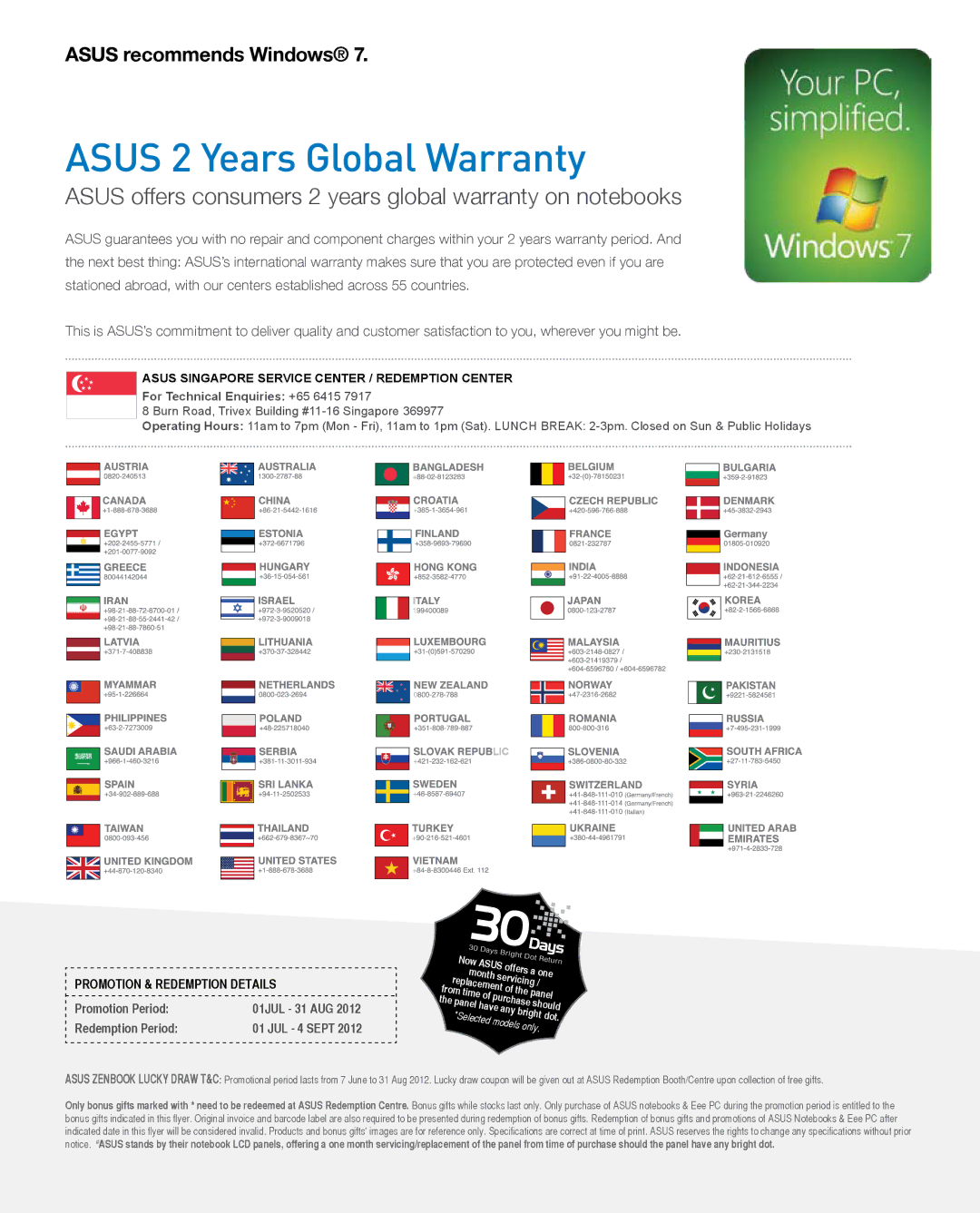 Asus N55SLDS71 manual Asus 2 Years Global Warranty 