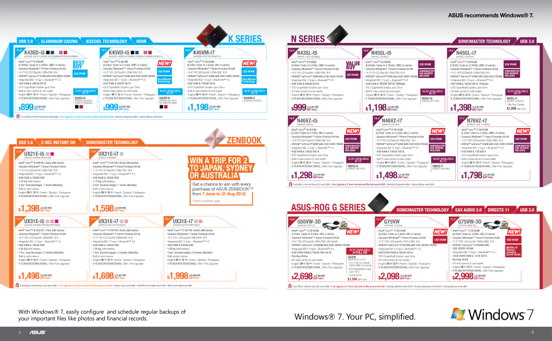 Asus N55SLDS71 manual 14.0 K45VM-i7, 14.0 N45SL-i5 14.0 N45SL-i7, 14.0 N46VZ-i7 17.3 N76VZ-i7, 13.3 UX31E-i7, 15.6 G55VW-3D 