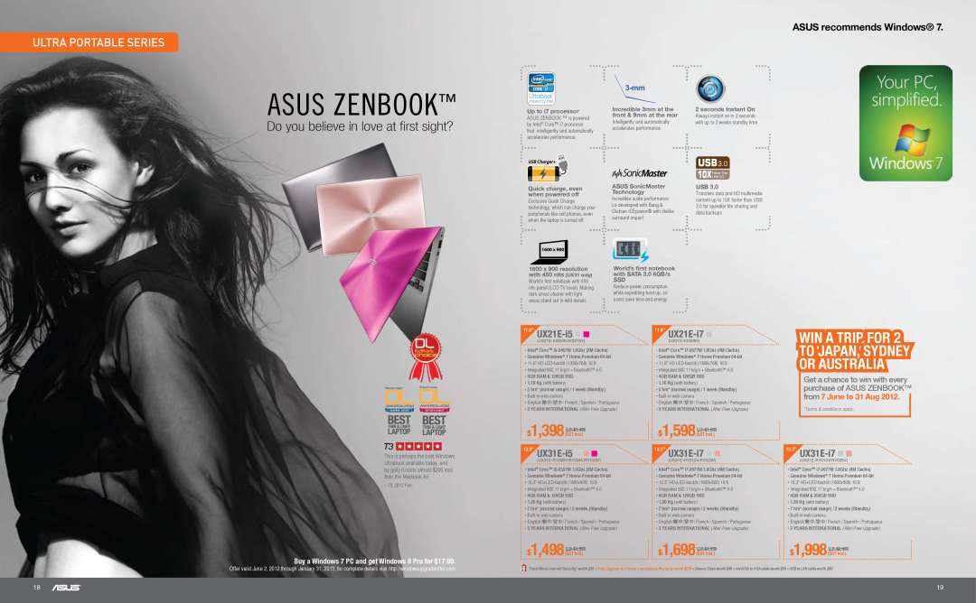 Asus N55SLDS71 Ultra Portable Series, 11.6” UX21E-i5, 13.3” UX31E-i5, 11.6” UX21E-i7, ASUS recommends Windows, GST Incl 