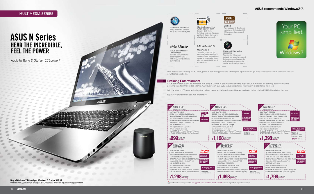 Asus N55SLDS71 Multimedia Series, Defining Entertainment, 14.0” N43SL-I5, N45SL-i5, N45SL-i7, 14.0” N46VZ-i5, MaxxAudio 