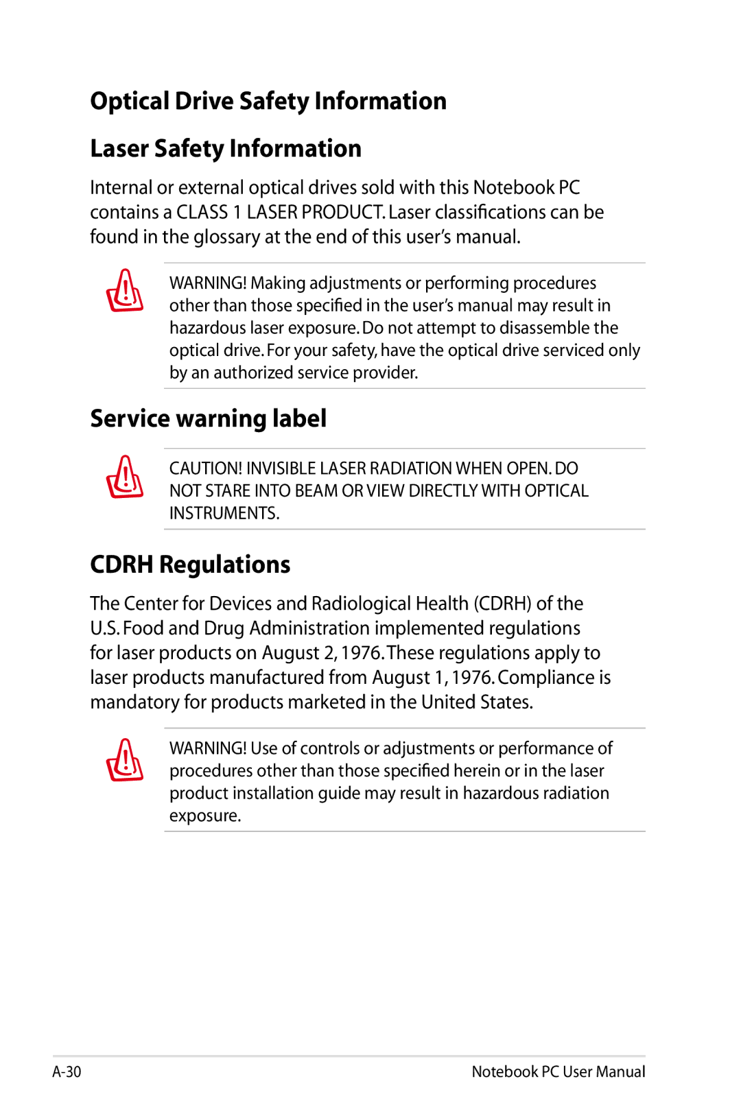 Asus N61JQ-A1 user manual Optical Drive Safety Information Laser Safety Information, Service warning label Cdrh Regulations 