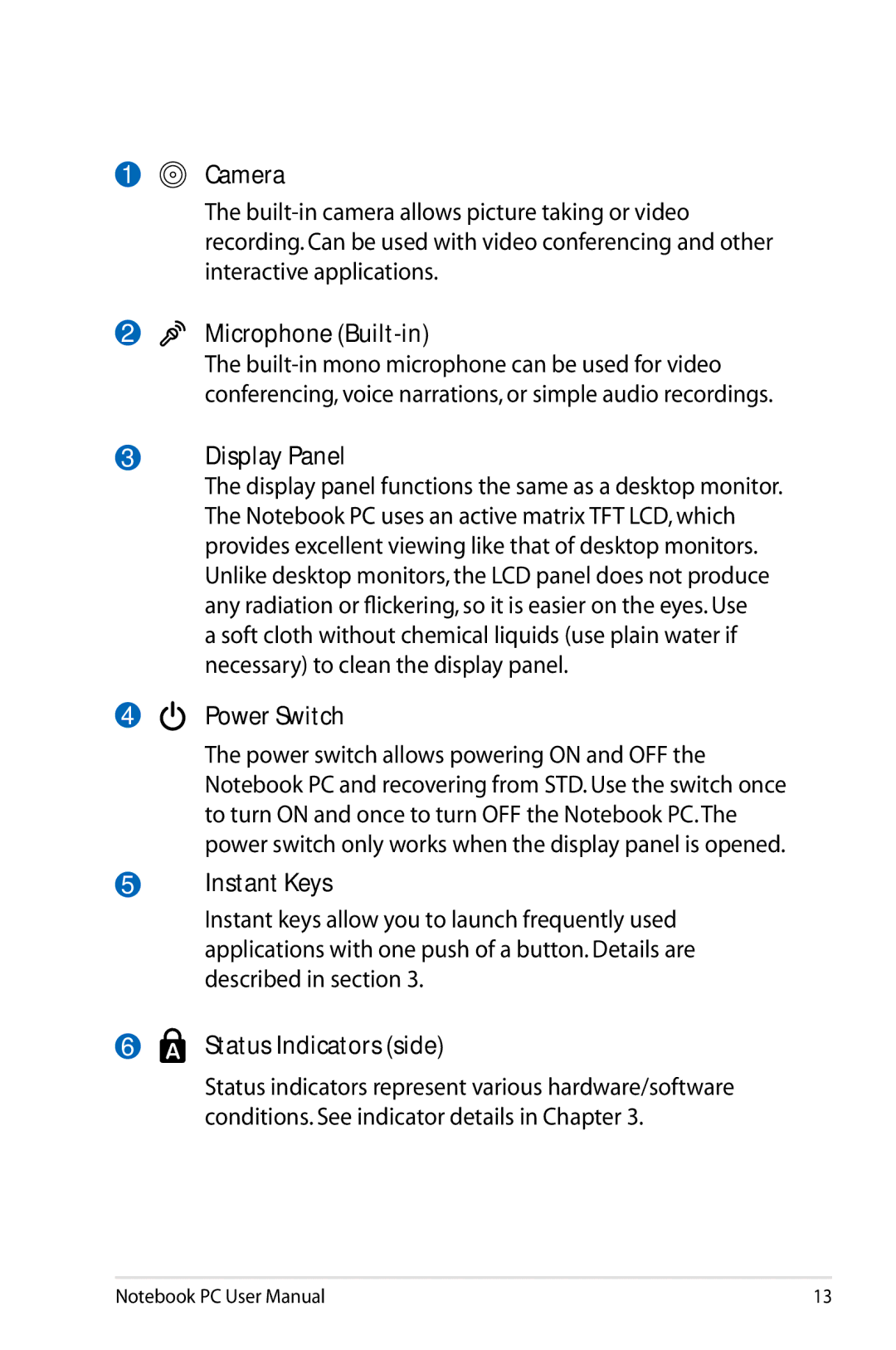 Asus N61JQ-A1 user manual Camera, Display Panel, Power Switch, Instant Keys, Status Indicators side 