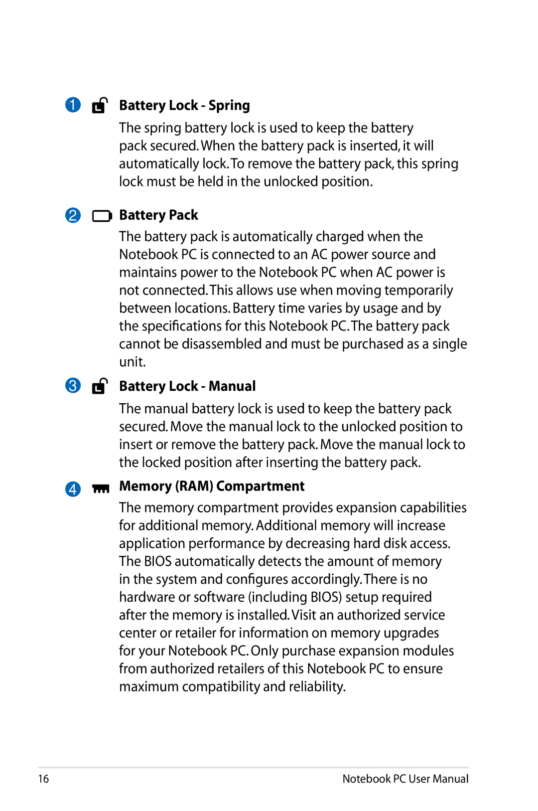 Asus N61JQ-A1 user manual Battery Lock Spring, Battery Pack, Battery Lock Manual, Memory RAM Compartment 