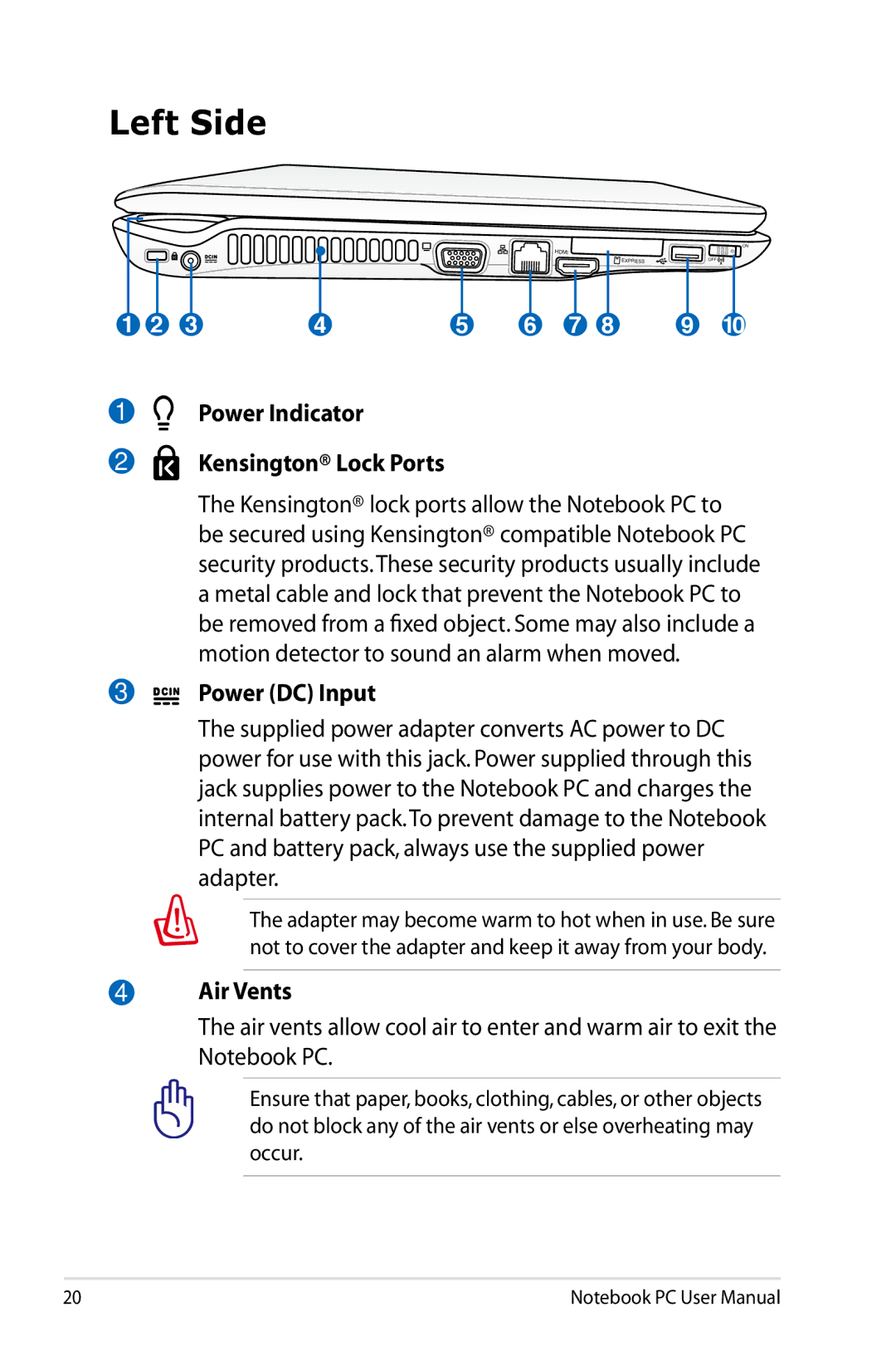 Asus N61JQ-A1 user manual Left Side, Power DC Input, Air Vents 