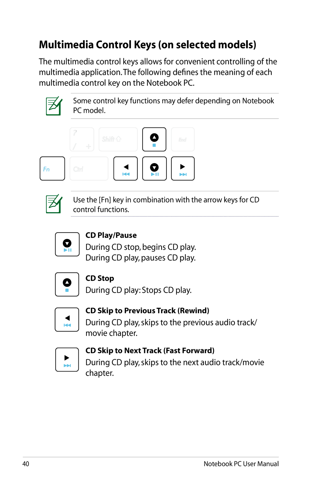 Asus N61JQ-A1 user manual Multimedia Control Keys on selected models, During CD play Stops CD play 