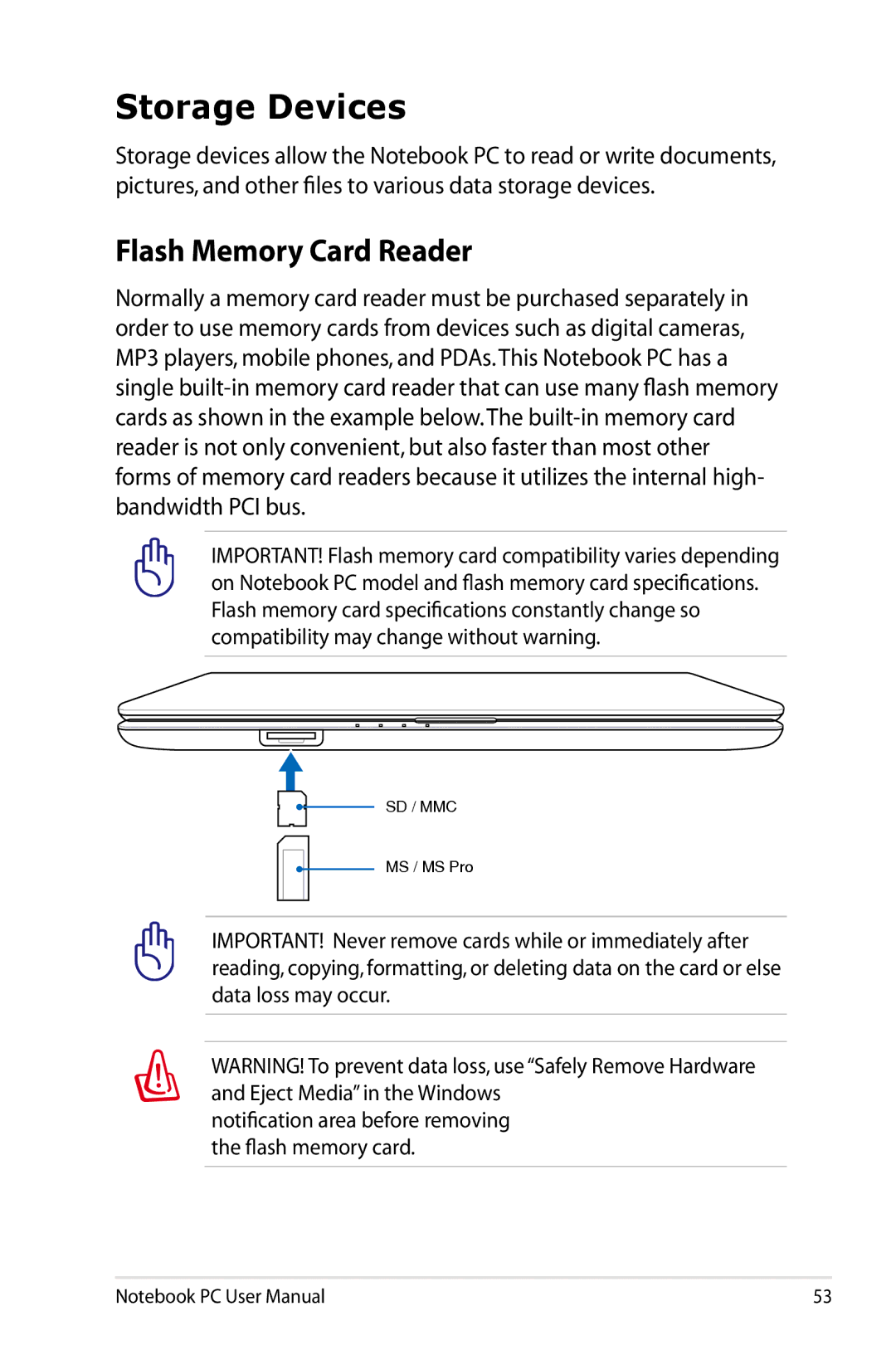 Asus N61JQ-A1 user manual Storage Devices, Flash Memory Card Reader 