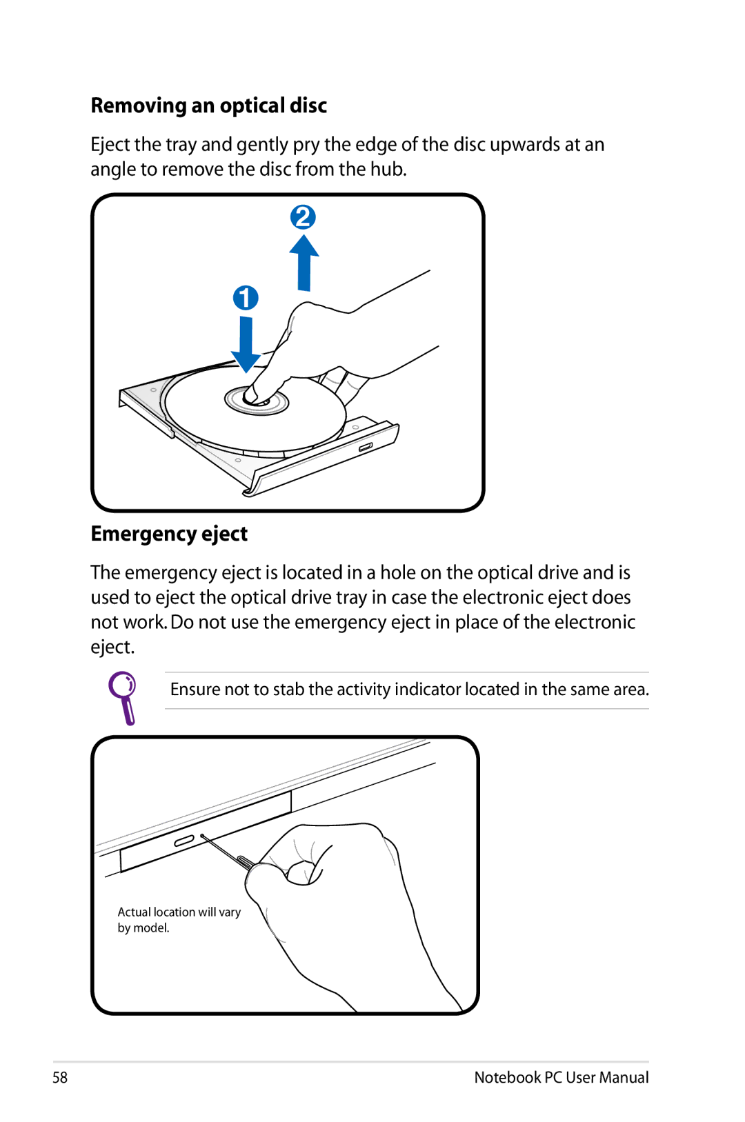 Asus N61JQ-A1 user manual Removing an optical disc, Emergency eject 