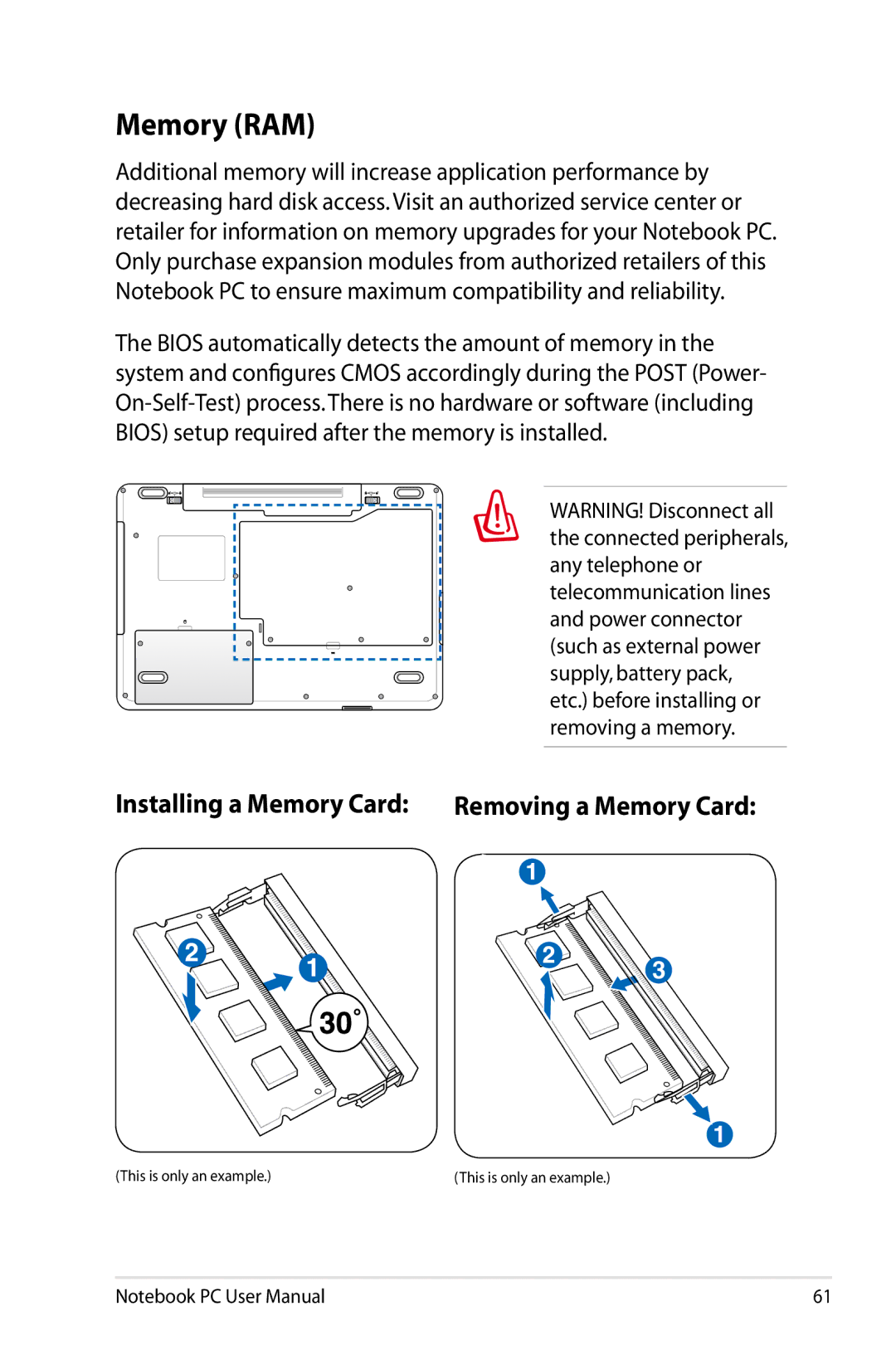 Asus N61JQ-A1 user manual Memory RAM, Installing a Memory Card Removing a Memory Card 