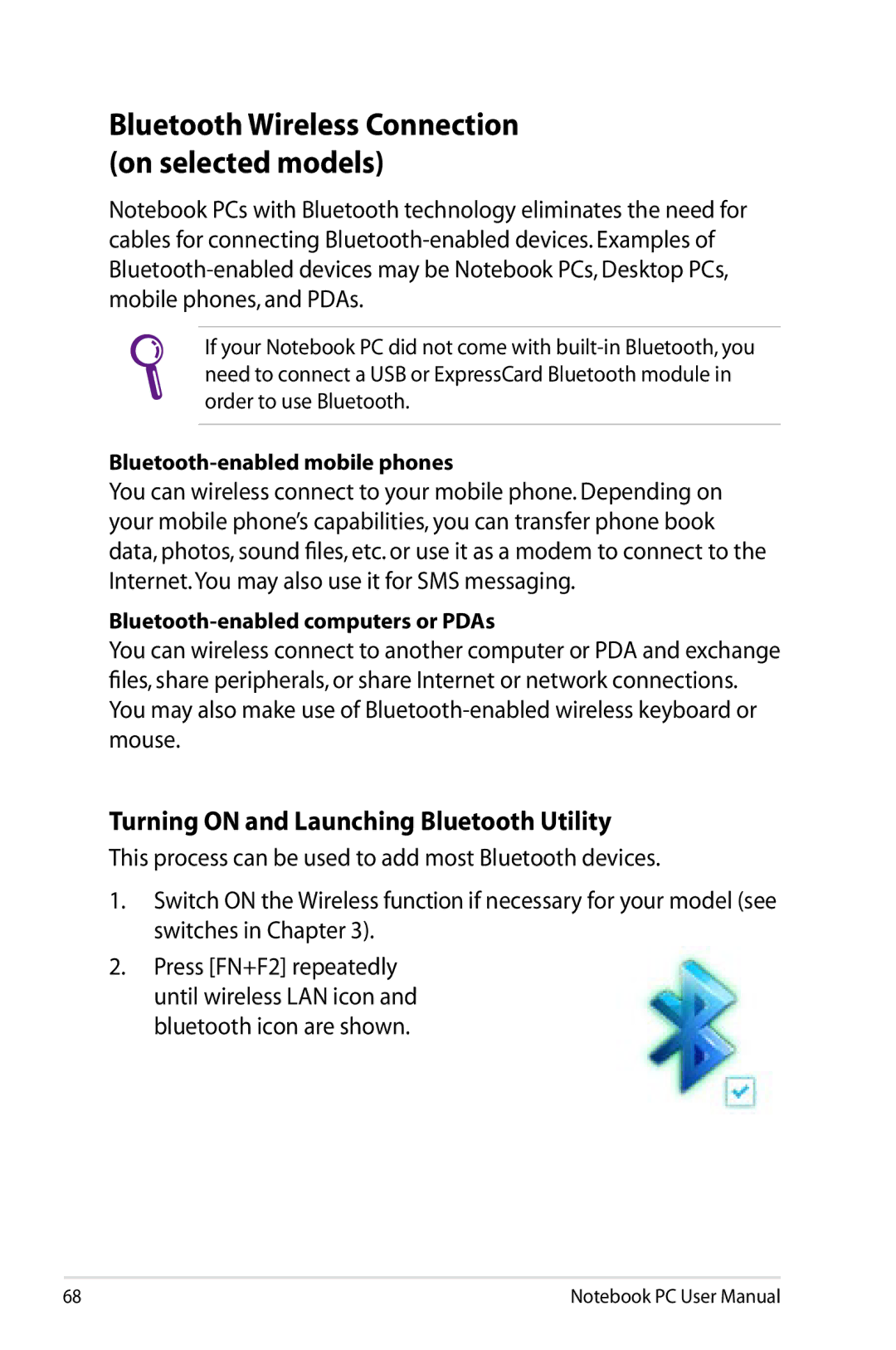 Asus N61JQ-A1 user manual Bluetooth Wireless Connection on selected models, Turning on and Launching Bluetooth Utility 