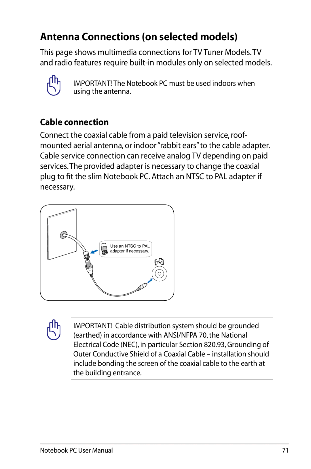 Asus N61JQ-A1 user manual Antenna Connections on selected models, Cable connection 