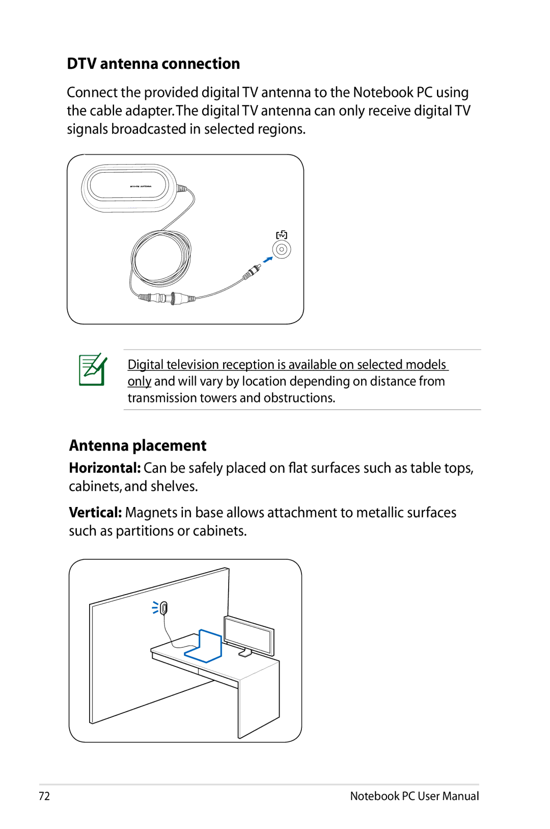 Asus N61JQ-A1 user manual DTV antenna connection, Antenna placement 