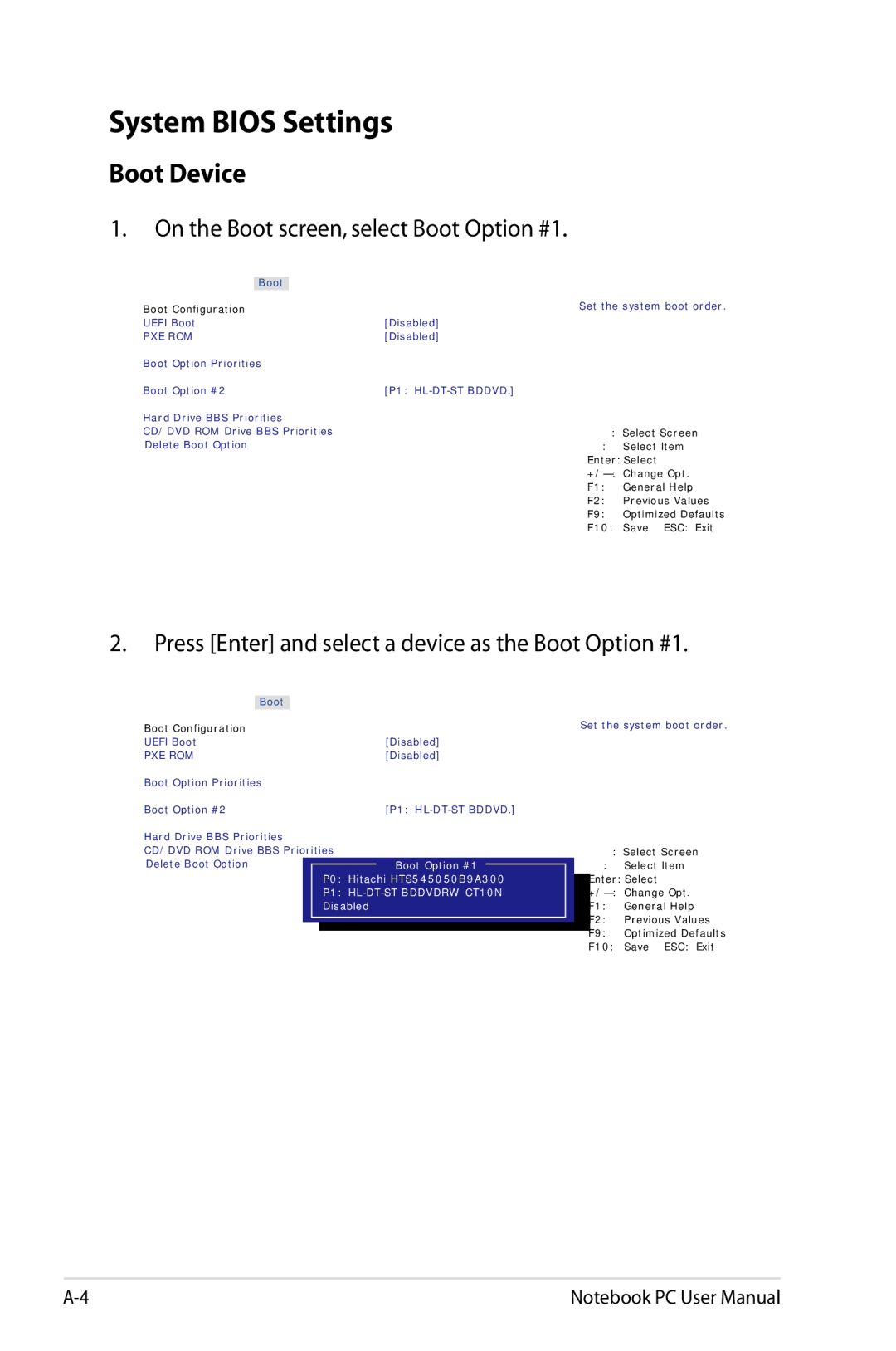 Asus N61JQ-A1 user manual System Bios Settings, Boot Device, On the Boot screen, select Boot Option #1 