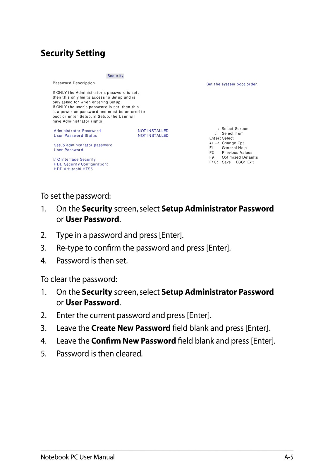 Asus N61JQ-A1 user manual Security Setting, To set the password 