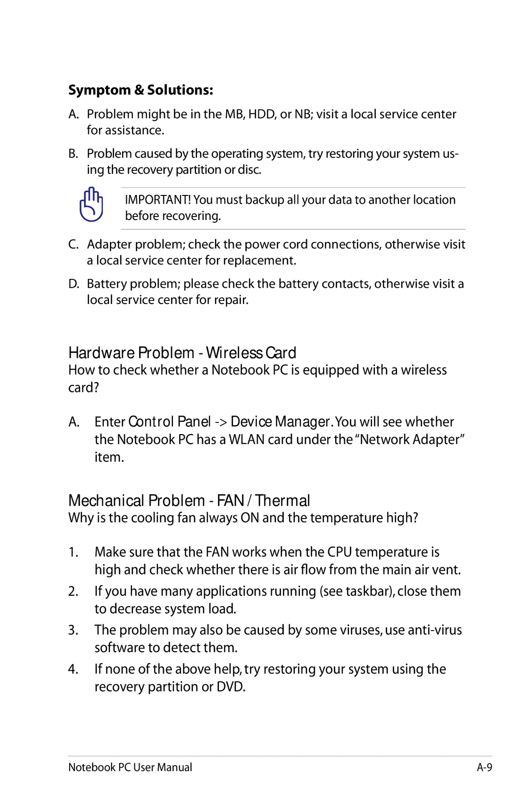 Asus N61JQ-A1 user manual Hardware Problem Wireless Card, Mechanical Problem FAN / Thermal, Symptom & Solutions 