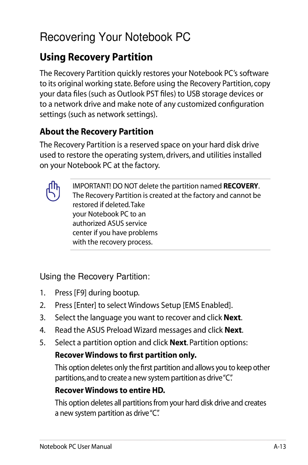 Asus N61JQ-A1 user manual Recovering Your Notebook PC, Using Recovery Partition, About the Recovery Partition 