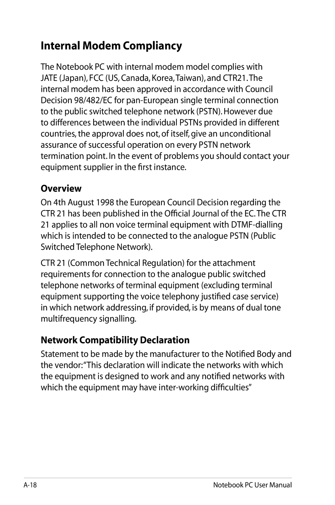 Asus N61JQ-A1 user manual Internal Modem Compliancy, Overview, Network Compatibility Declaration 