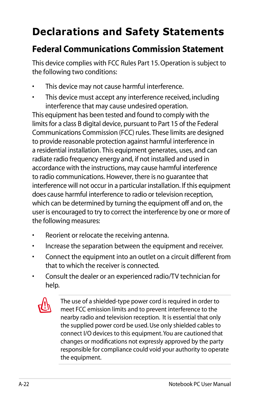 Asus N61JQ-A1 user manual Declarations and Safety Statements, Federal Communications Commission Statement 