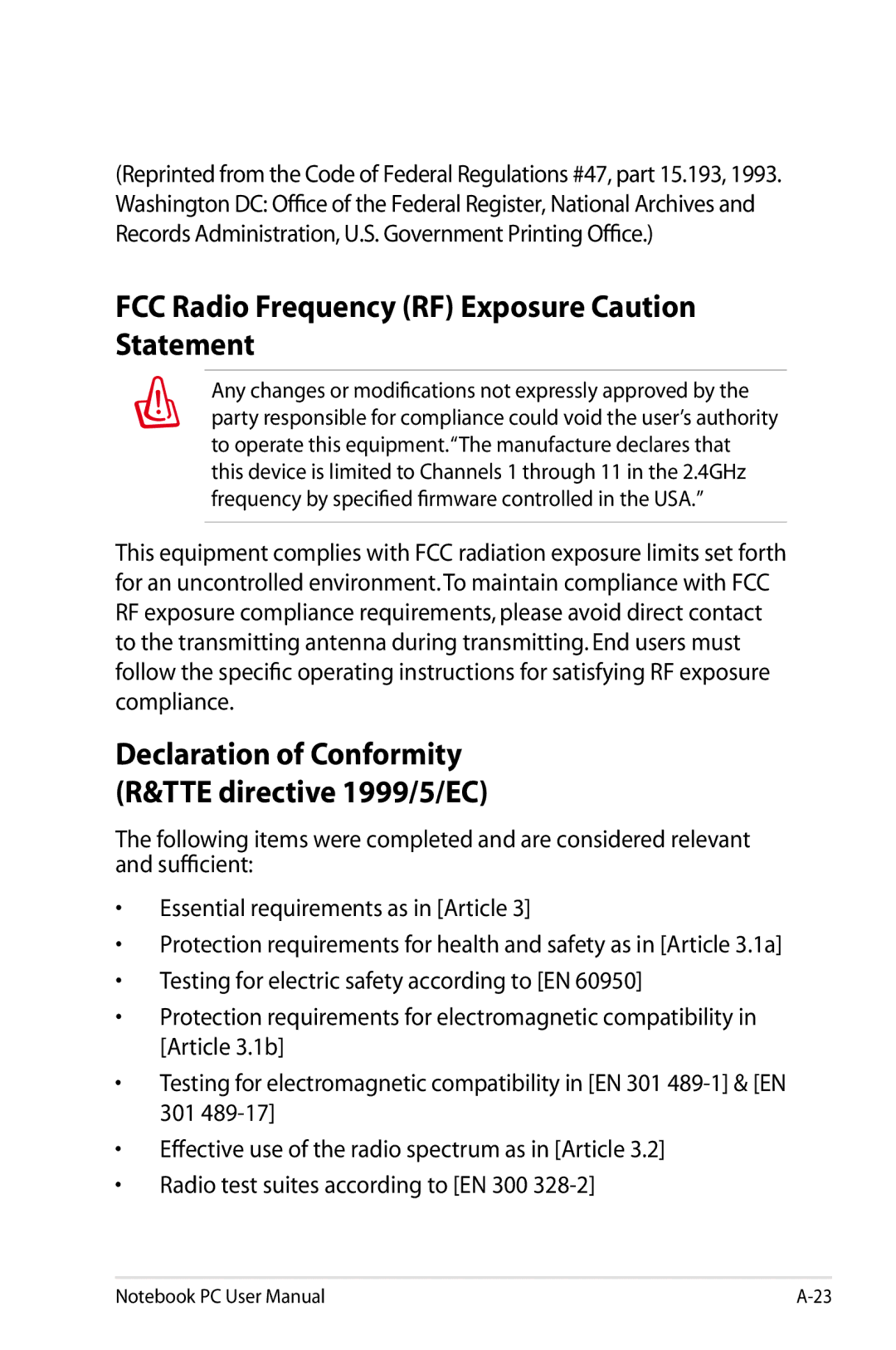 Asus N61JQ-A1 FCC Radio Frequency RF Exposure Caution Statement, Declaration of Conformity R&TTE directive 1999/5/EC 