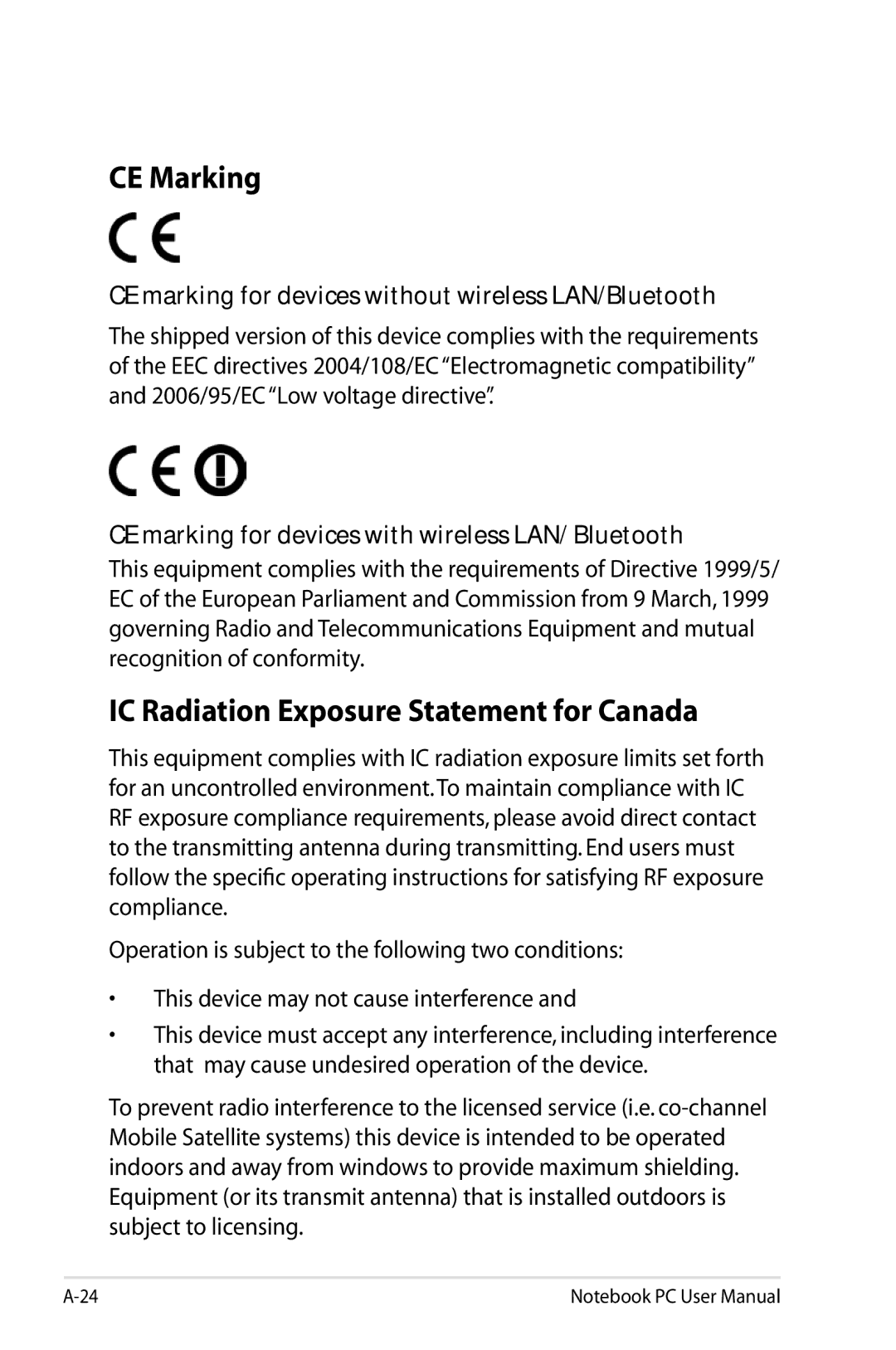 Asus N61JQ-A1 CE Marking, IC Radiation Exposure Statement for Canada, CE marking for devices with wireless LAN/ Bluetooth 