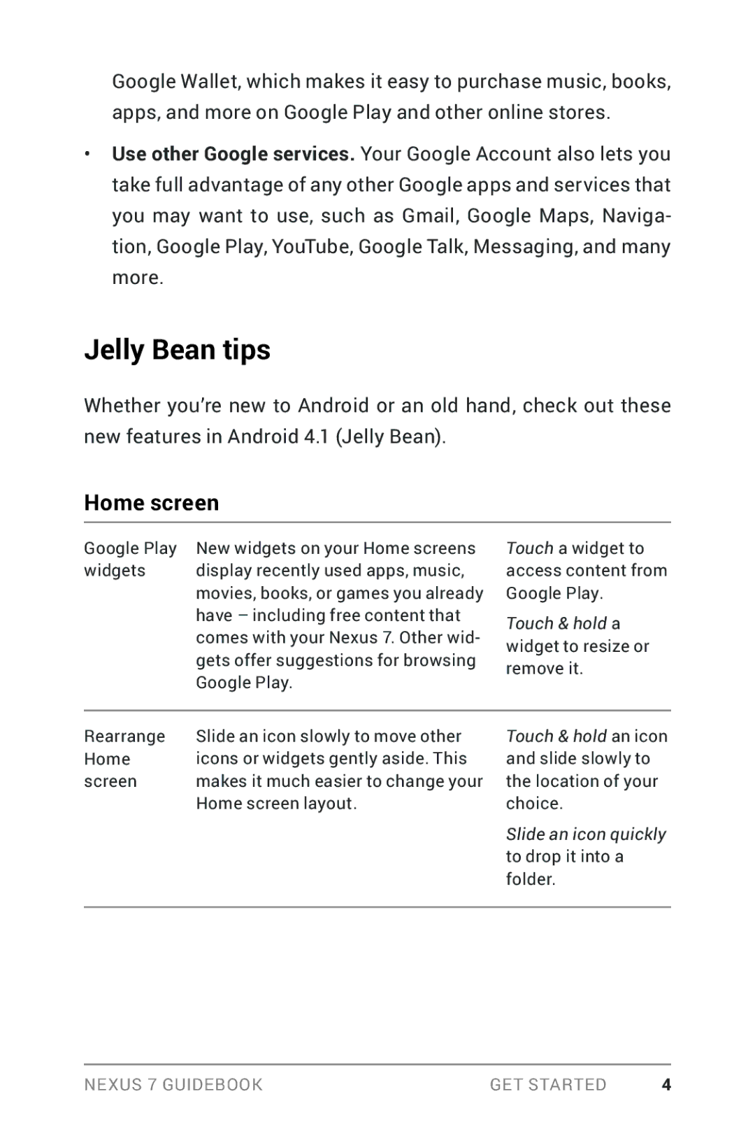 Asus NEXUS7-ASUS-1B16 manual Jelly Bean tips, Home screen 
