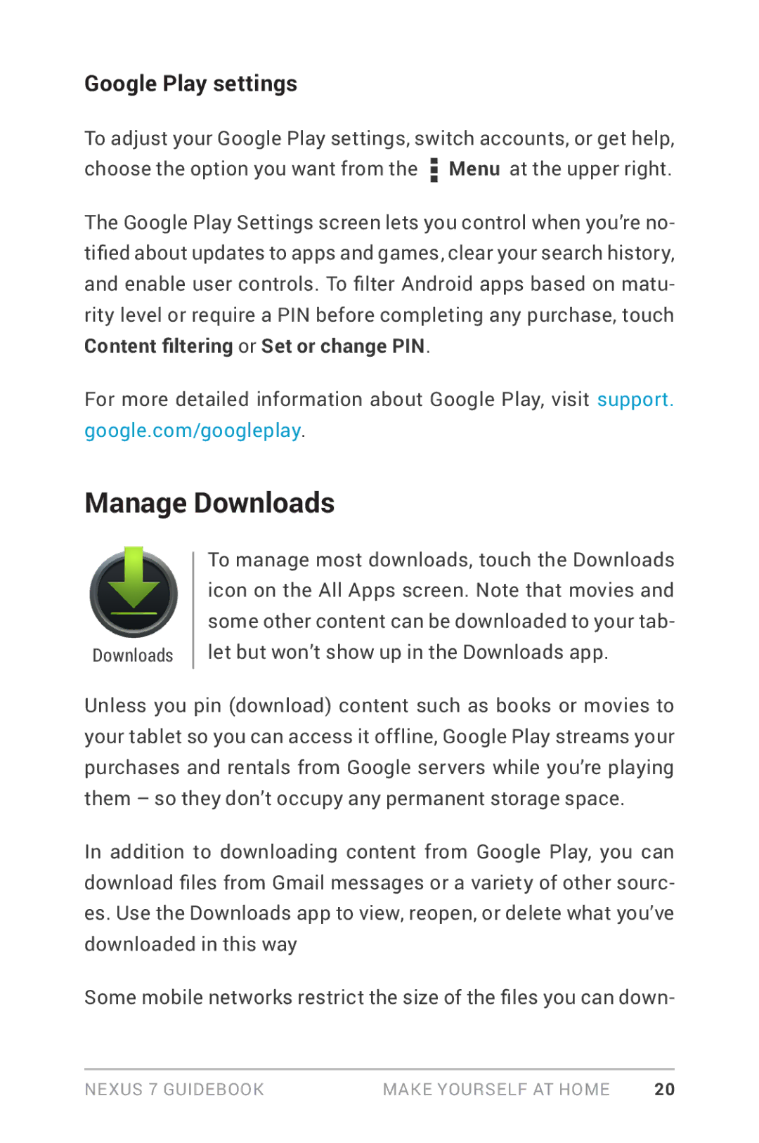 Asus NEXUS7-ASUS-1B16 manual Manage Downloads, Google Play settings 