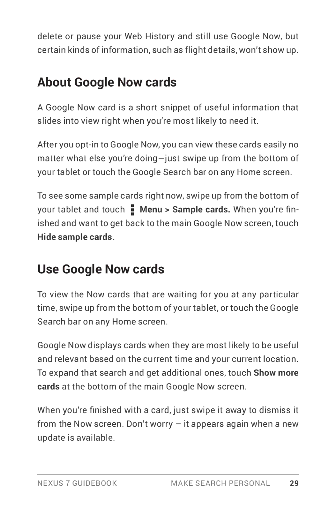 Asus NEXUS7-ASUS-1B16 manual About Google Now cards, Use Google Now cards, Hide sample cards 