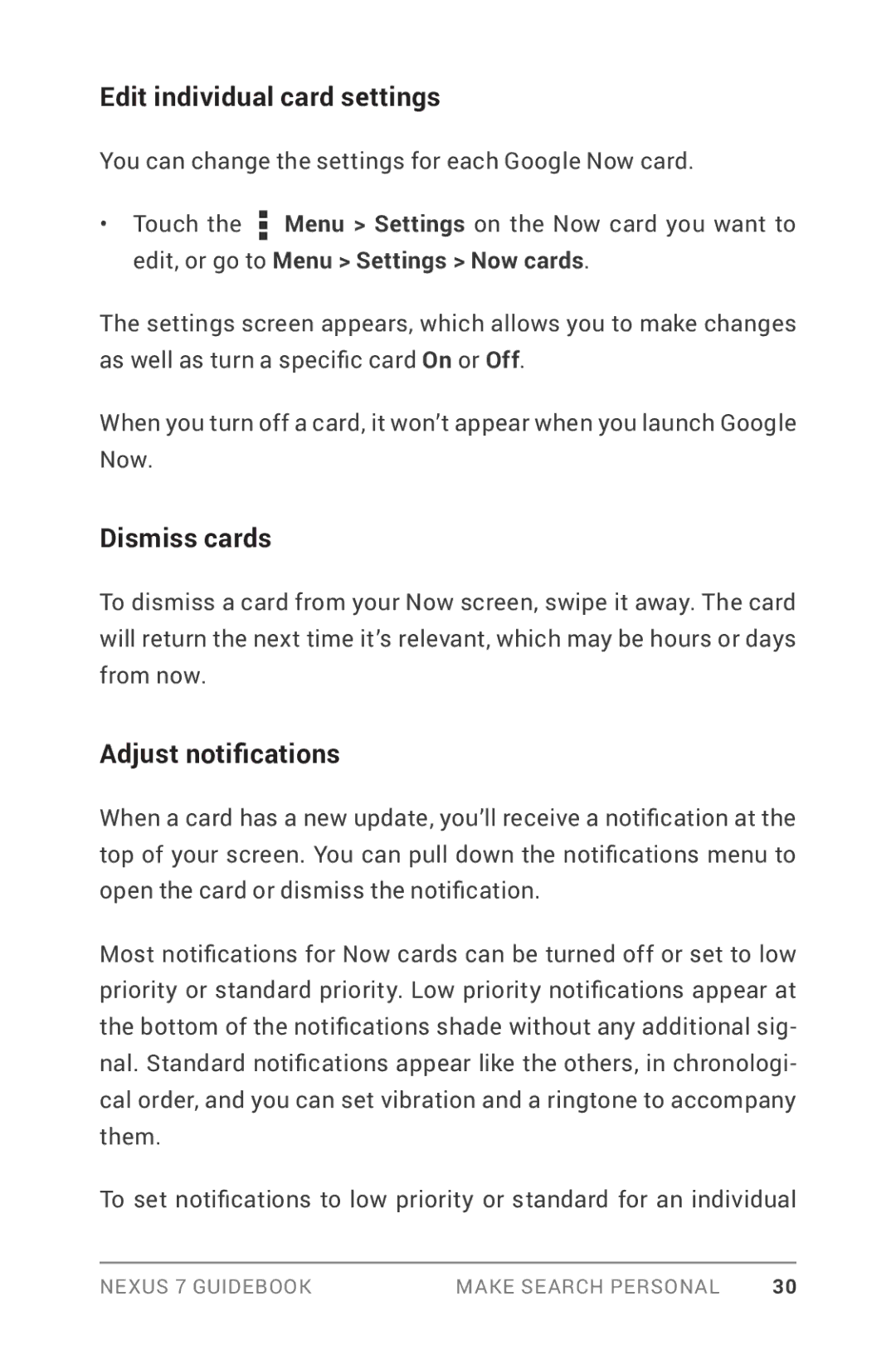 Asus NEXUS7-ASUS-1B16 manual Edit individual card settings, Dismiss cards, Adjust notifications 