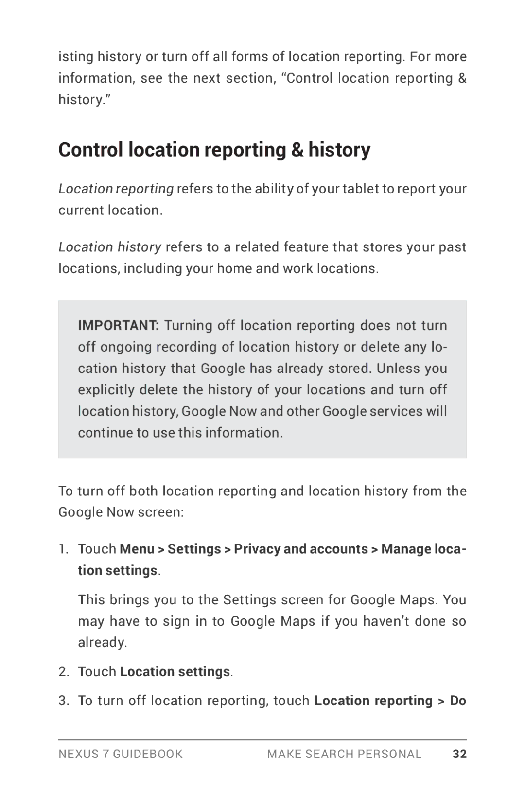 Asus NEXUS7-ASUS-1B16 manual Control location reporting & history, Touch Location settings 