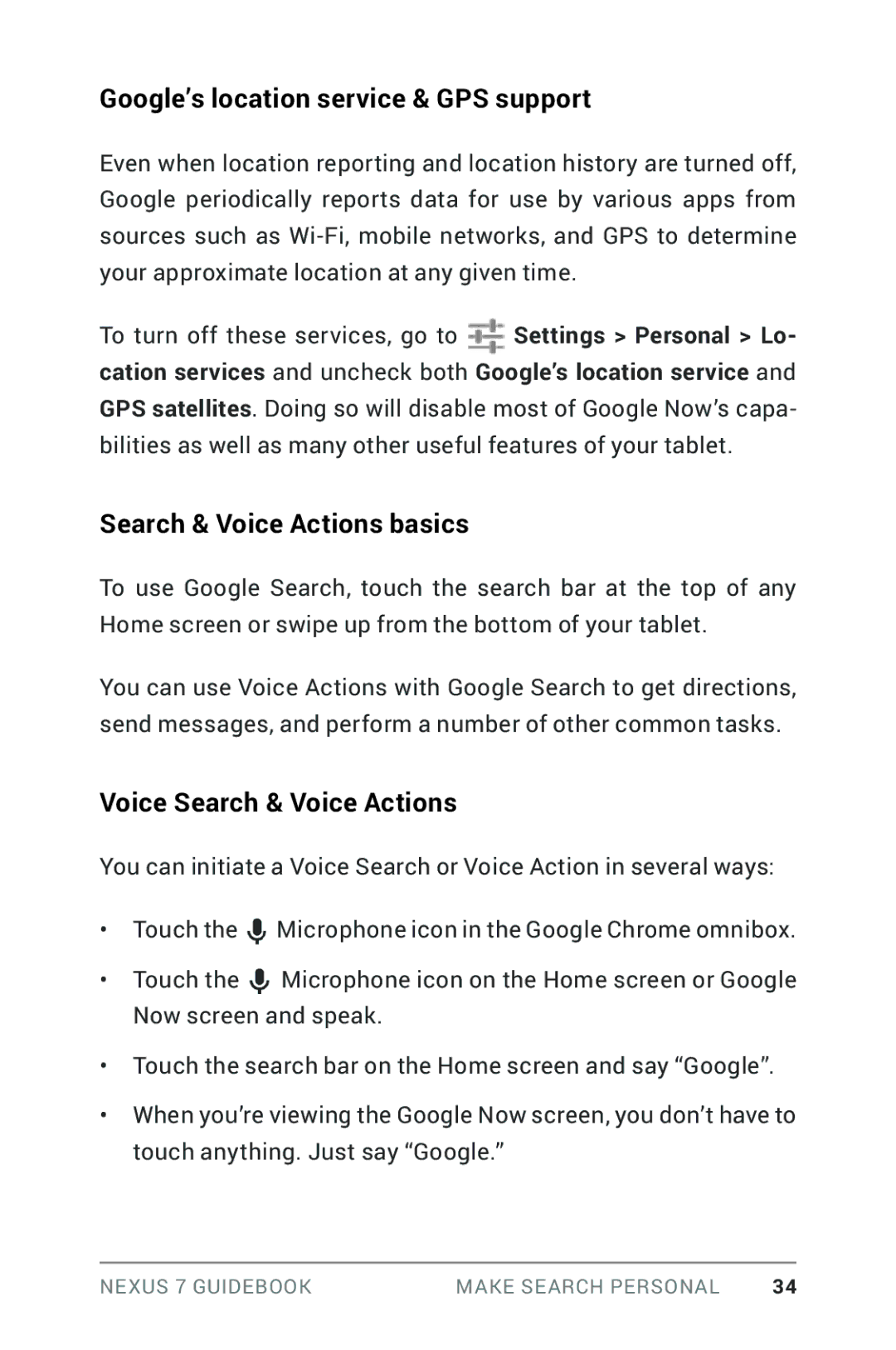 Asus NEXUS7-ASUS-1B16 Google’s location service & GPS support, Search & Voice Actions basics, Voice Search & Voice Actions 