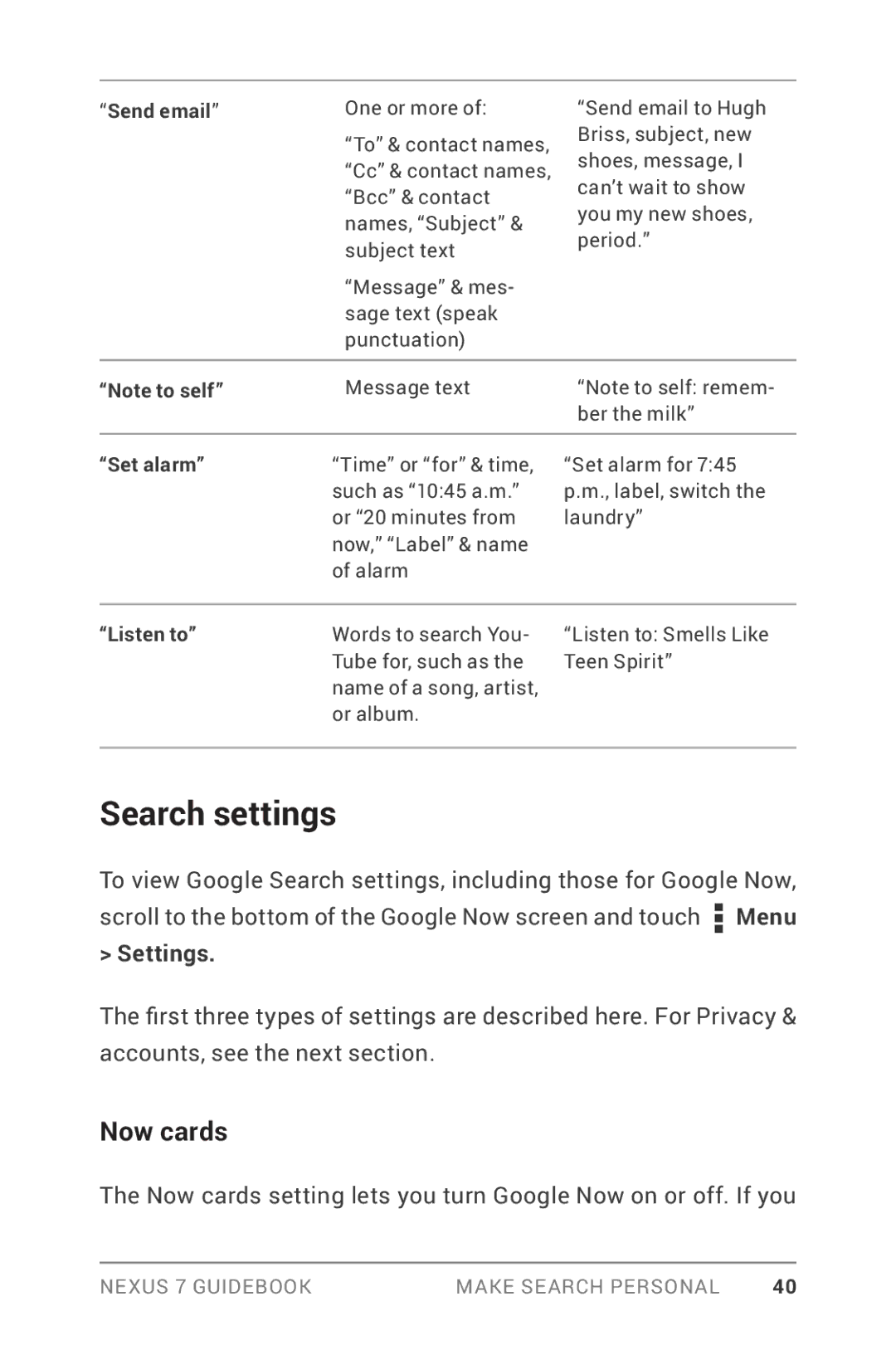 Asus NEXUS7-ASUS-1B16 manual Search settings, Now cards 