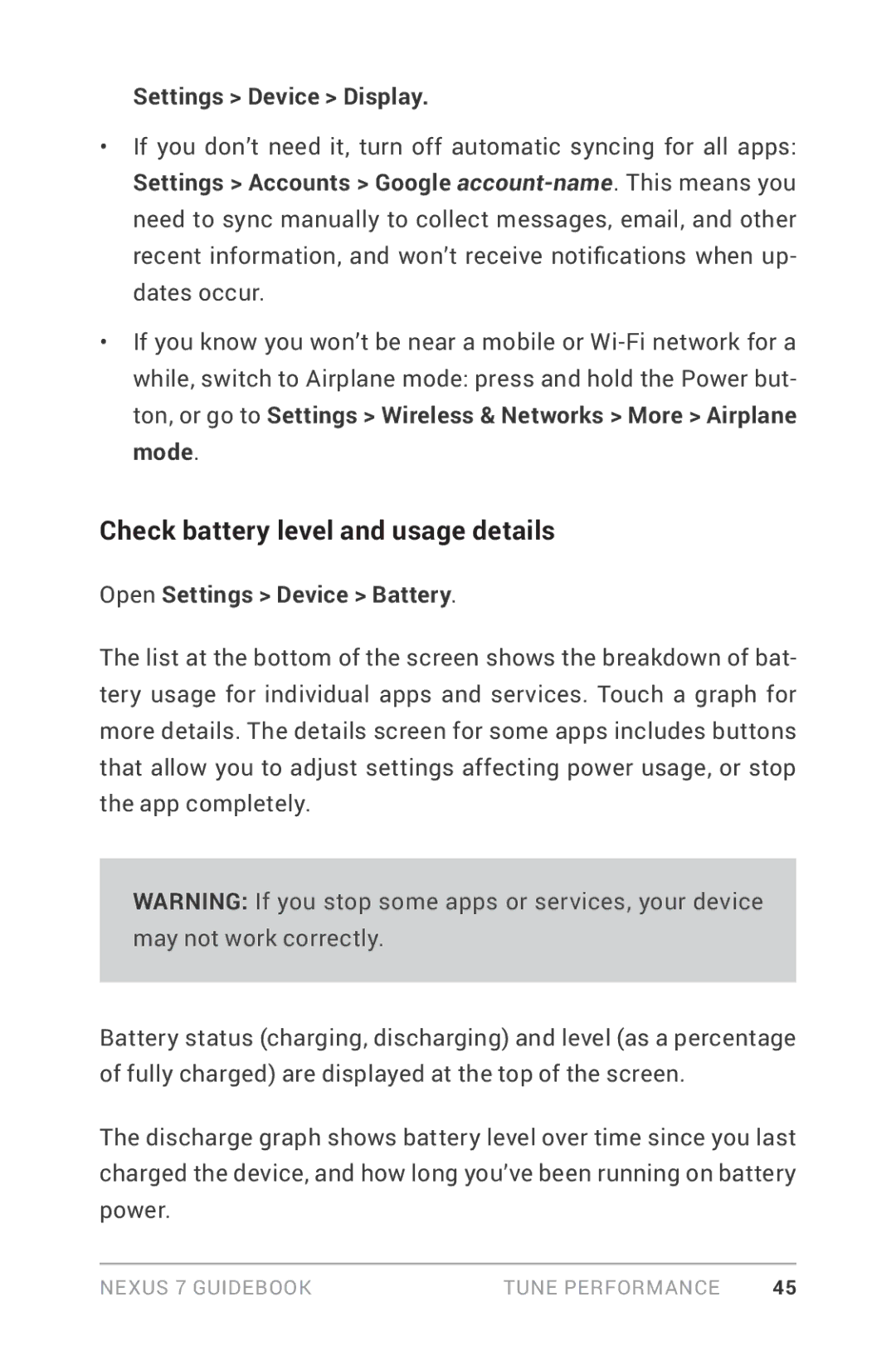 Asus NEXUS7-ASUS-1B16 manual Check battery level and usage details, Settings Device Display, Open Settings Device Battery 