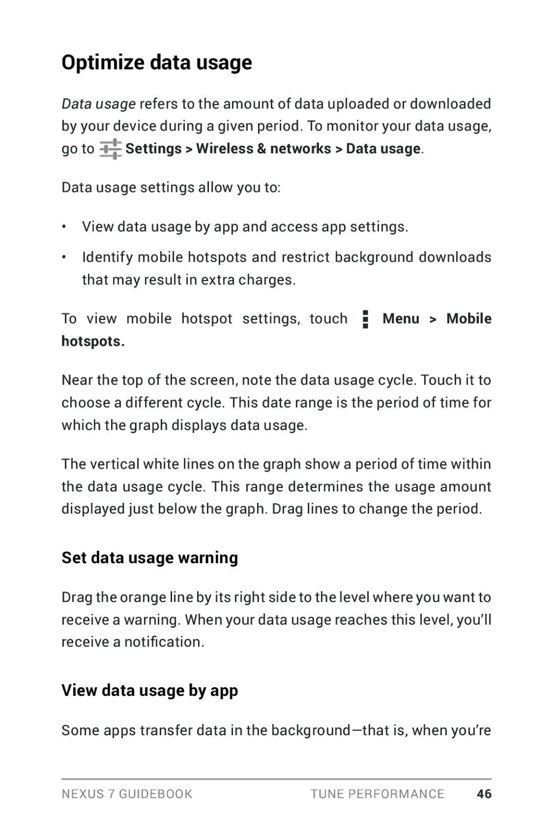 Asus NEXUS7-ASUS-1B16 manual Optimize data usage, Set data usage warning, View data usage by app 