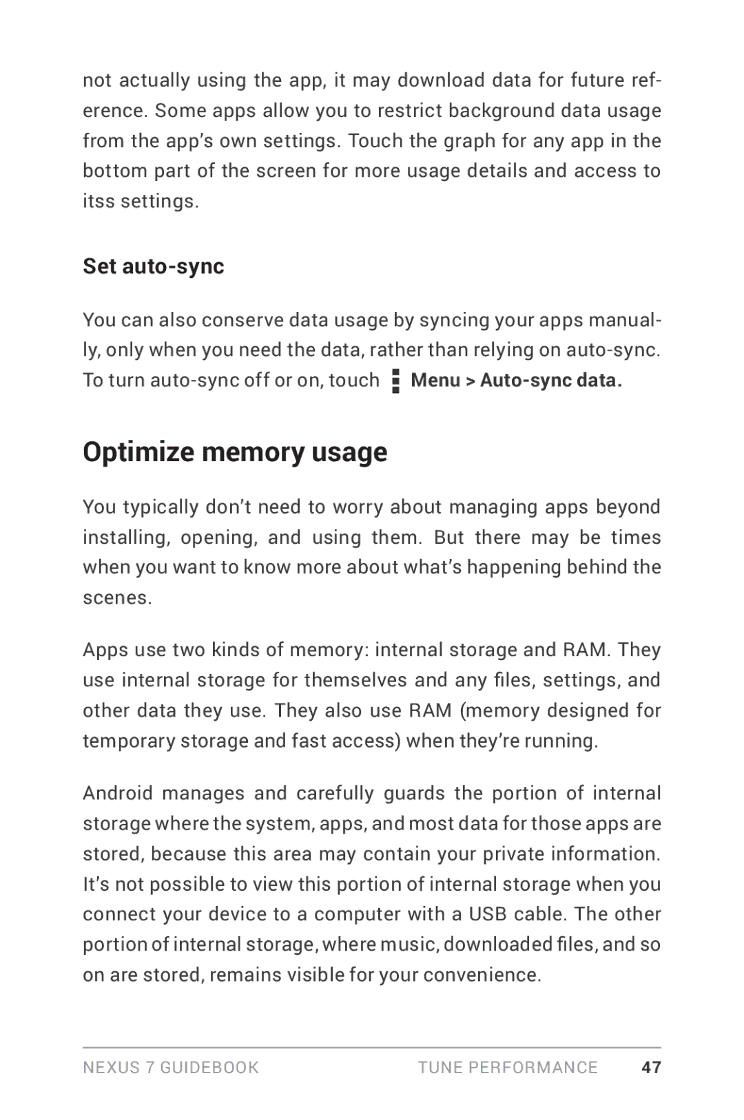 Asus NEXUS7-ASUS-1B16 manual Optimize memory usage, Set auto-sync 