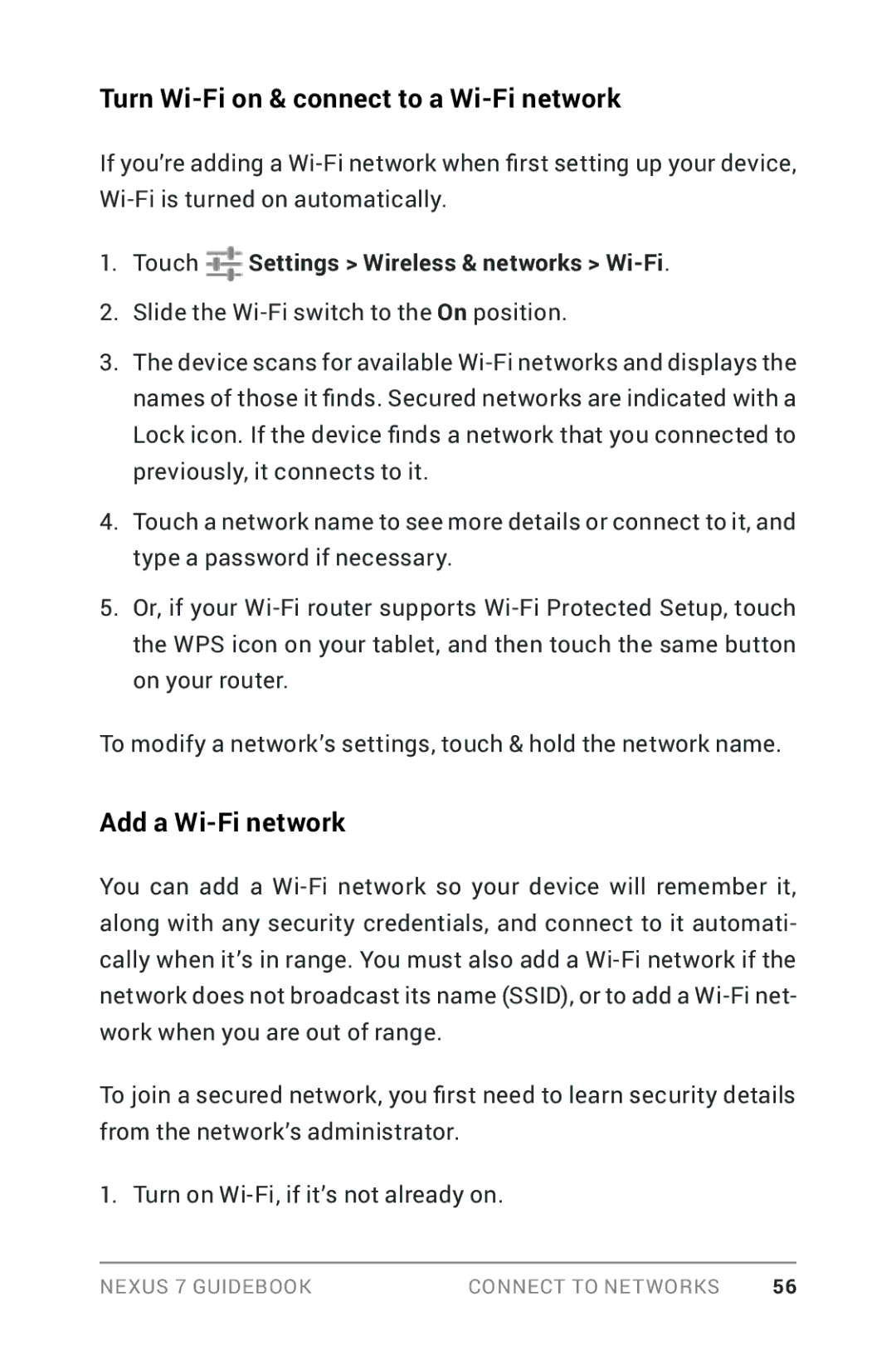 Asus NEXUS7-ASUS-1B16 manual Turn Wi-Fi on & connect to a Wi-Fi network, Add a Wi-Fi network 