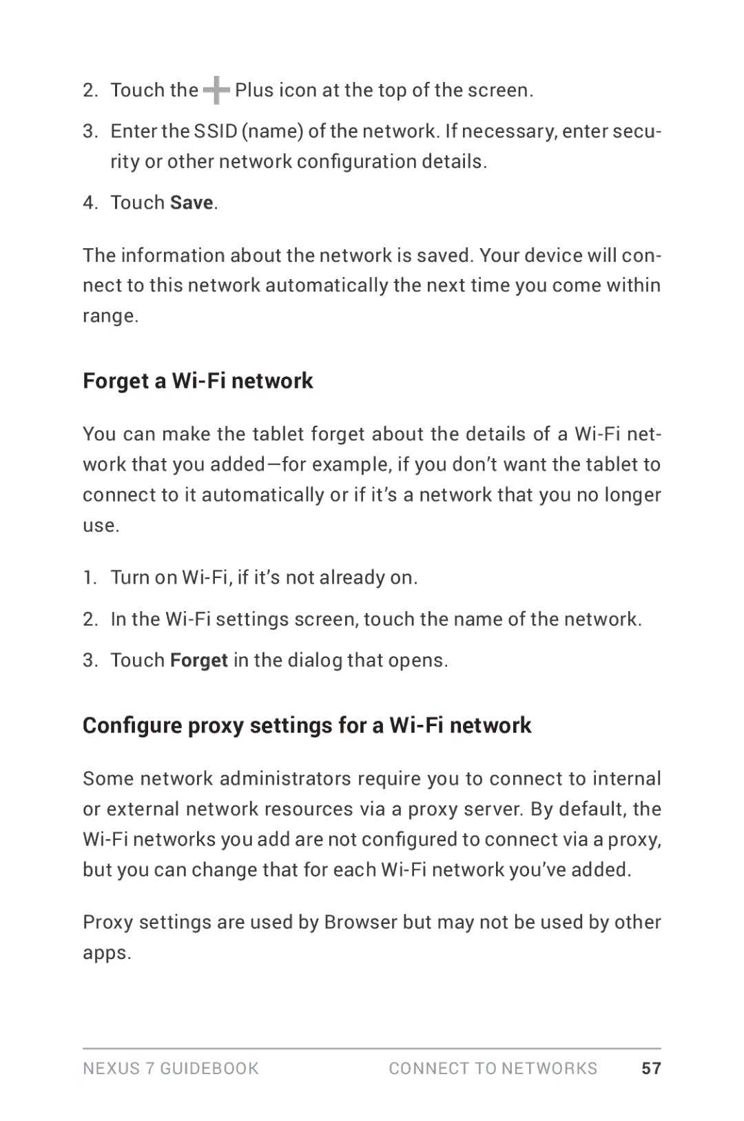 Asus NEXUS7-ASUS-1B16 manual Forget a Wi-Fi network, Configure proxy settings for a Wi-Fi network 