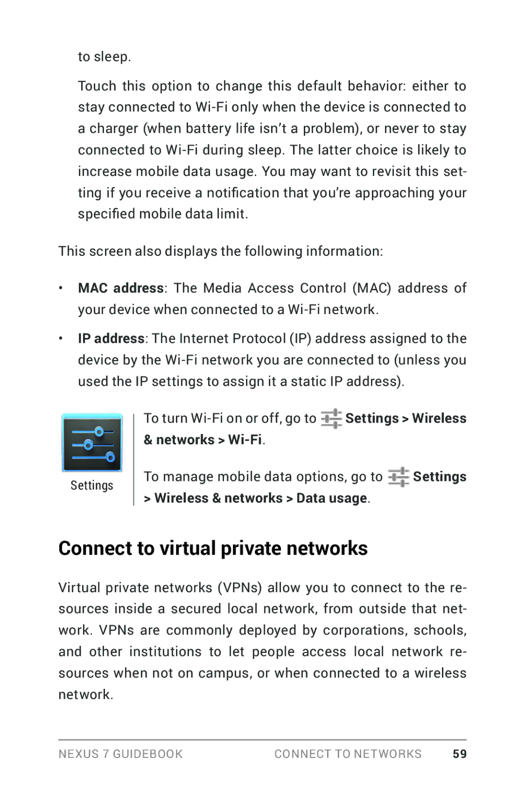 Asus NEXUS7-ASUS-1B16 manual Connect to virtual private networks, Networks Wi-Fi 