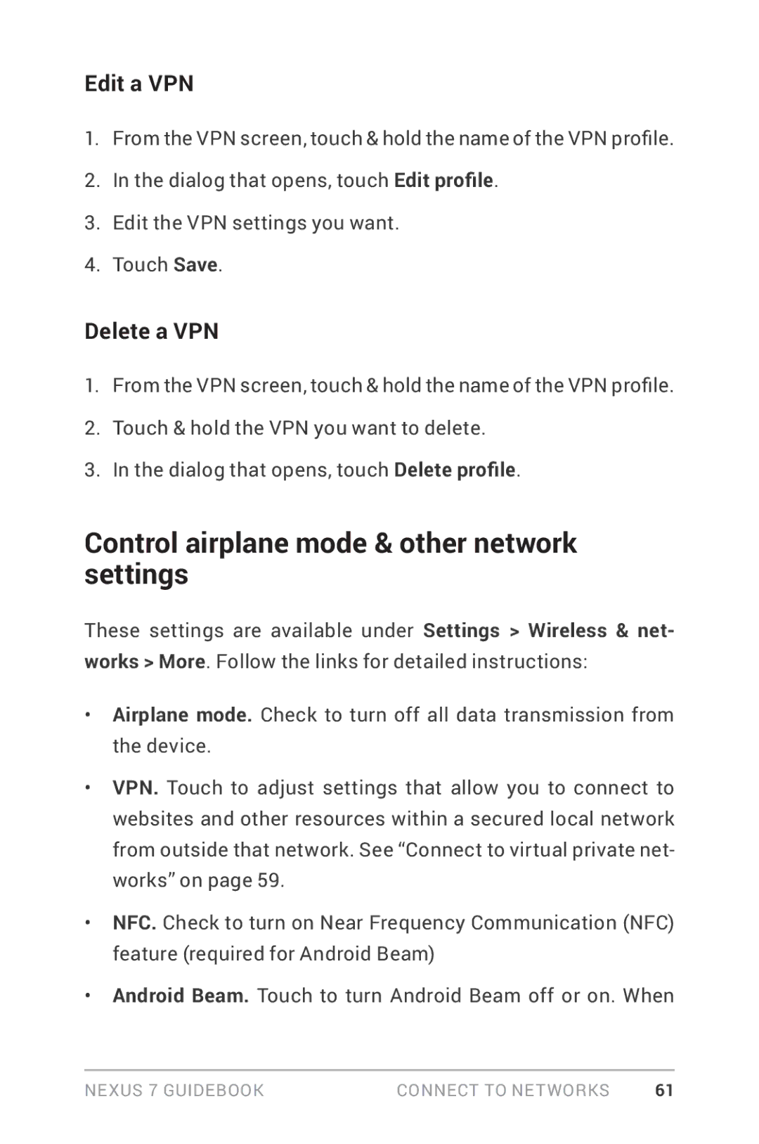 Asus NEXUS7-ASUS-1B16 manual Control airplane mode & other network settings, Edit a VPN, Delete a VPN 