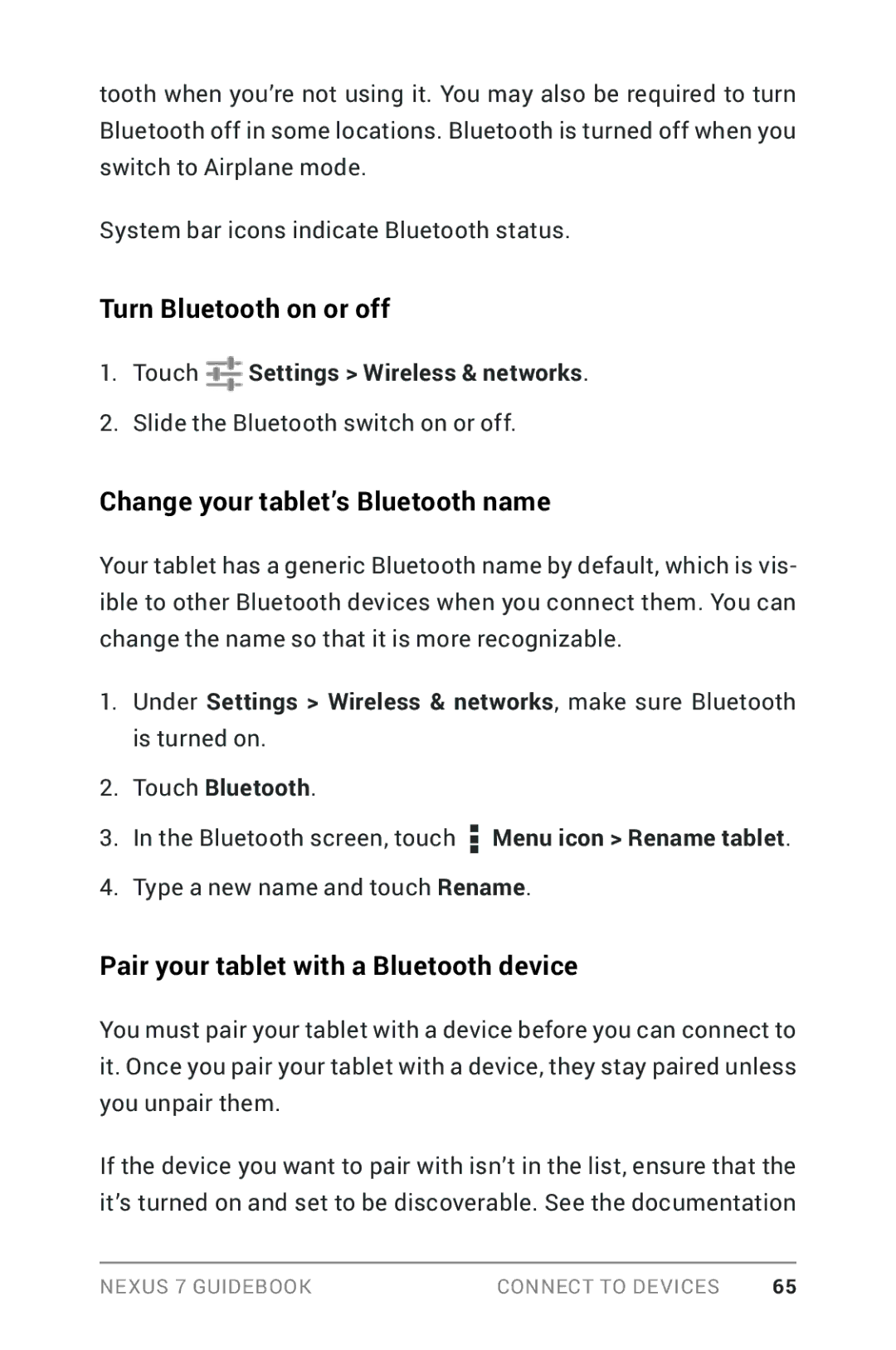 Asus NEXUS7-ASUS-1B16 Turn Bluetooth on or off, Change your tablet’s Bluetooth name, Touch Settings Wireless & networks 