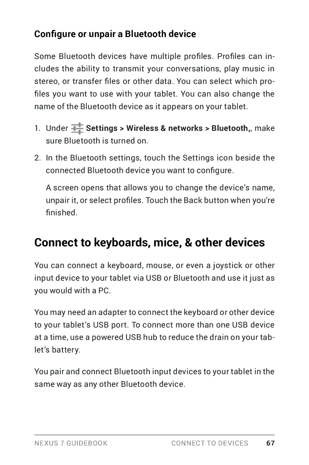 Asus NEXUS7-ASUS-1B16 manual Connect to keyboards, mice, & other devices, Configure or unpair a Bluetooth device 