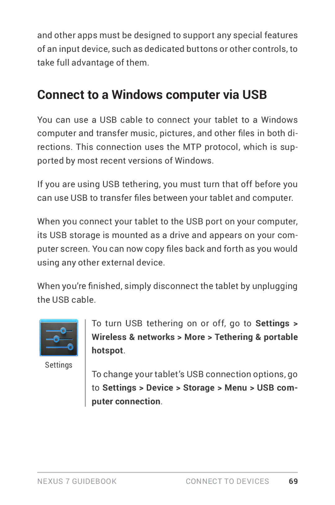 Asus NEXUS7-ASUS-1B16 manual Connect to a Windows computer via USB, Wireless & networks More Tethering & portable hotspot 