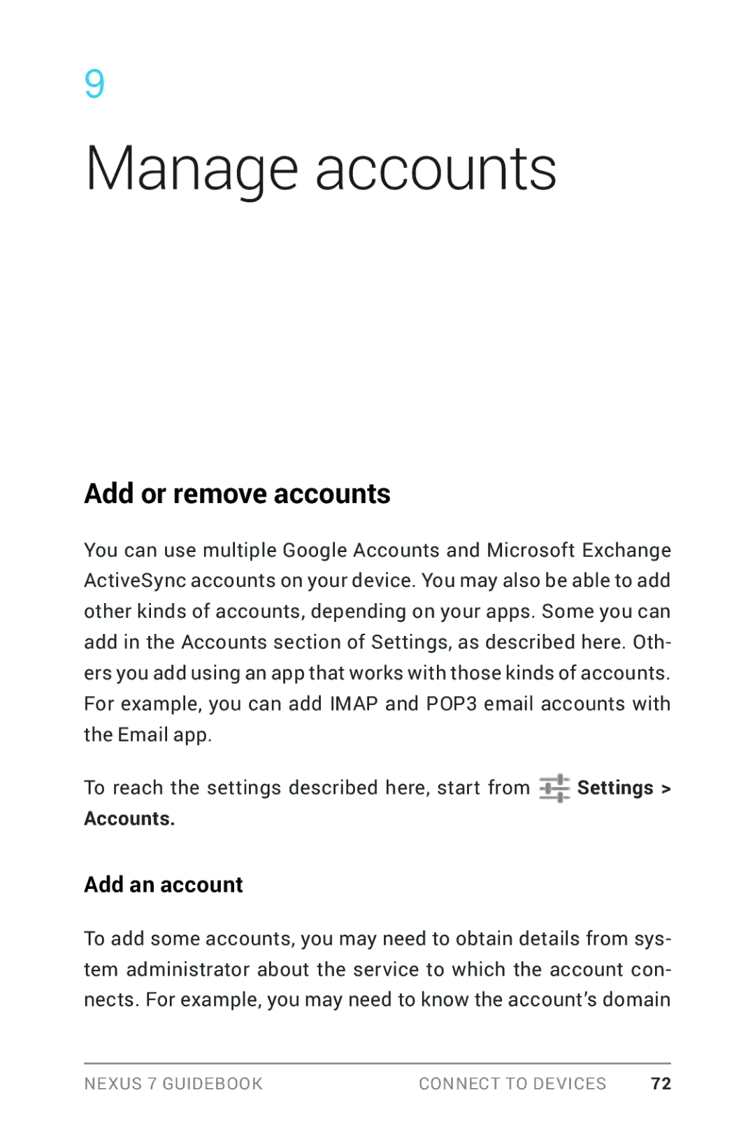 Asus NEXUS7-ASUS-1B16 manual Manage accounts, Add or remove accounts, Add an account, Accounts 