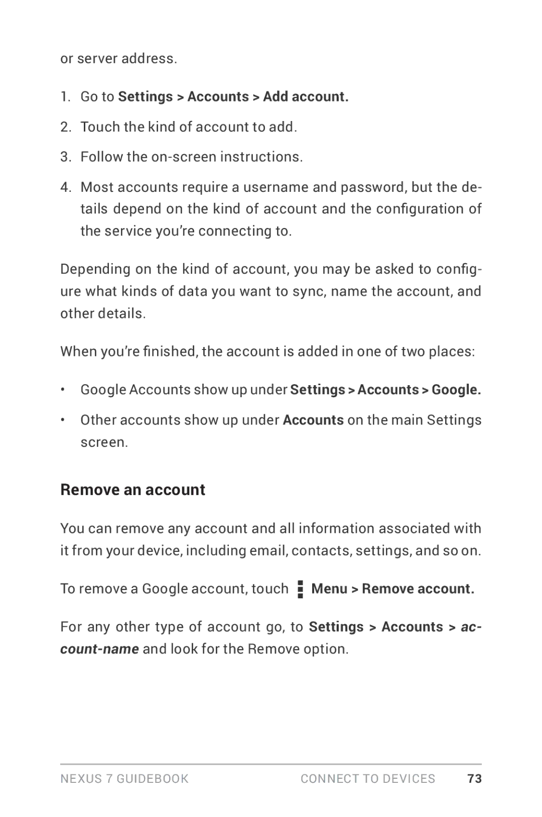 Asus NEXUS7-ASUS-1B16 manual Remove an account, Go to Settings Accounts Add account 