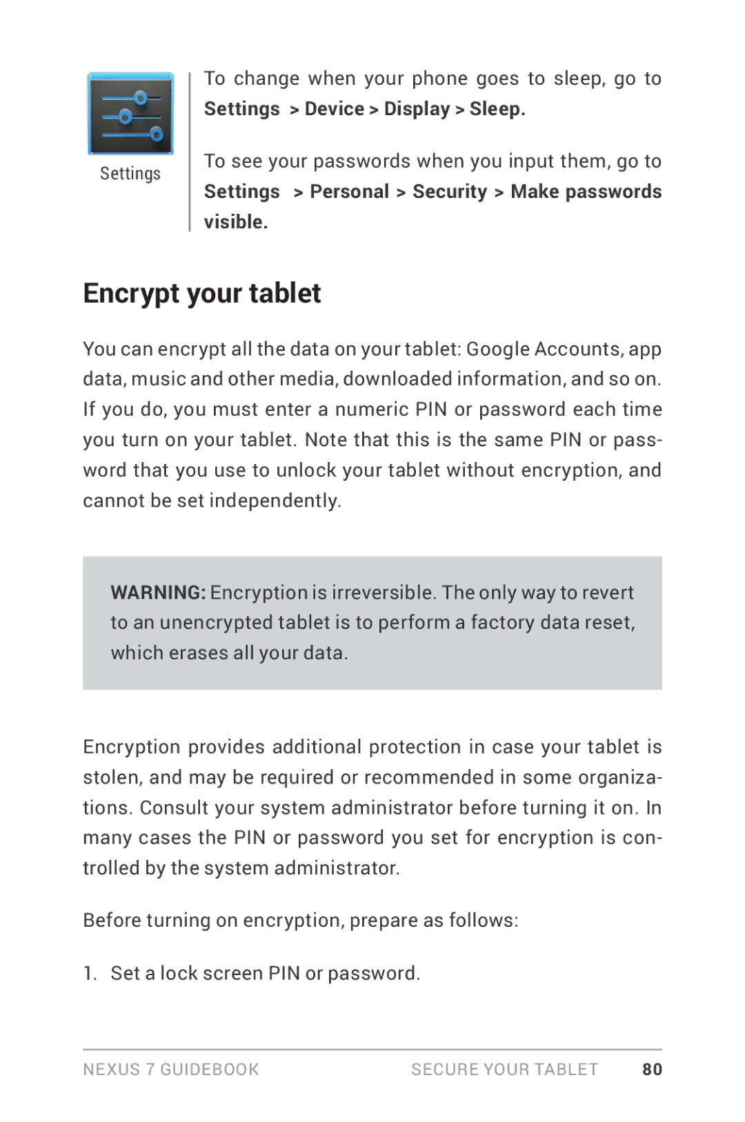 Asus NEXUS7-ASUS-1B16 manual Encrypt your tablet, Settings Device Display Sleep 