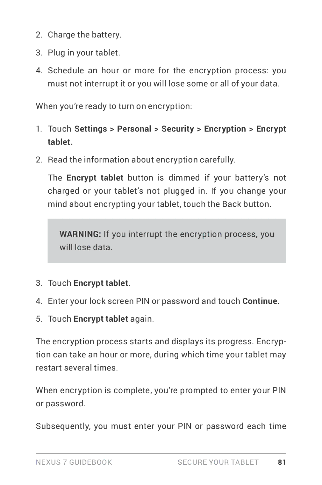 Asus NEXUS7-ASUS-1B16 manual Touch Settings Personal Security Encryption Encrypt tablet, Touch Encrypt tablet 