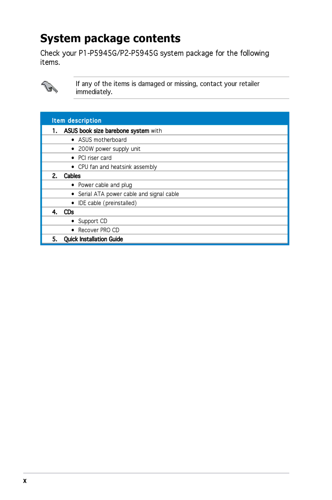 Asus P1P5945GCBLK manual System package contents 