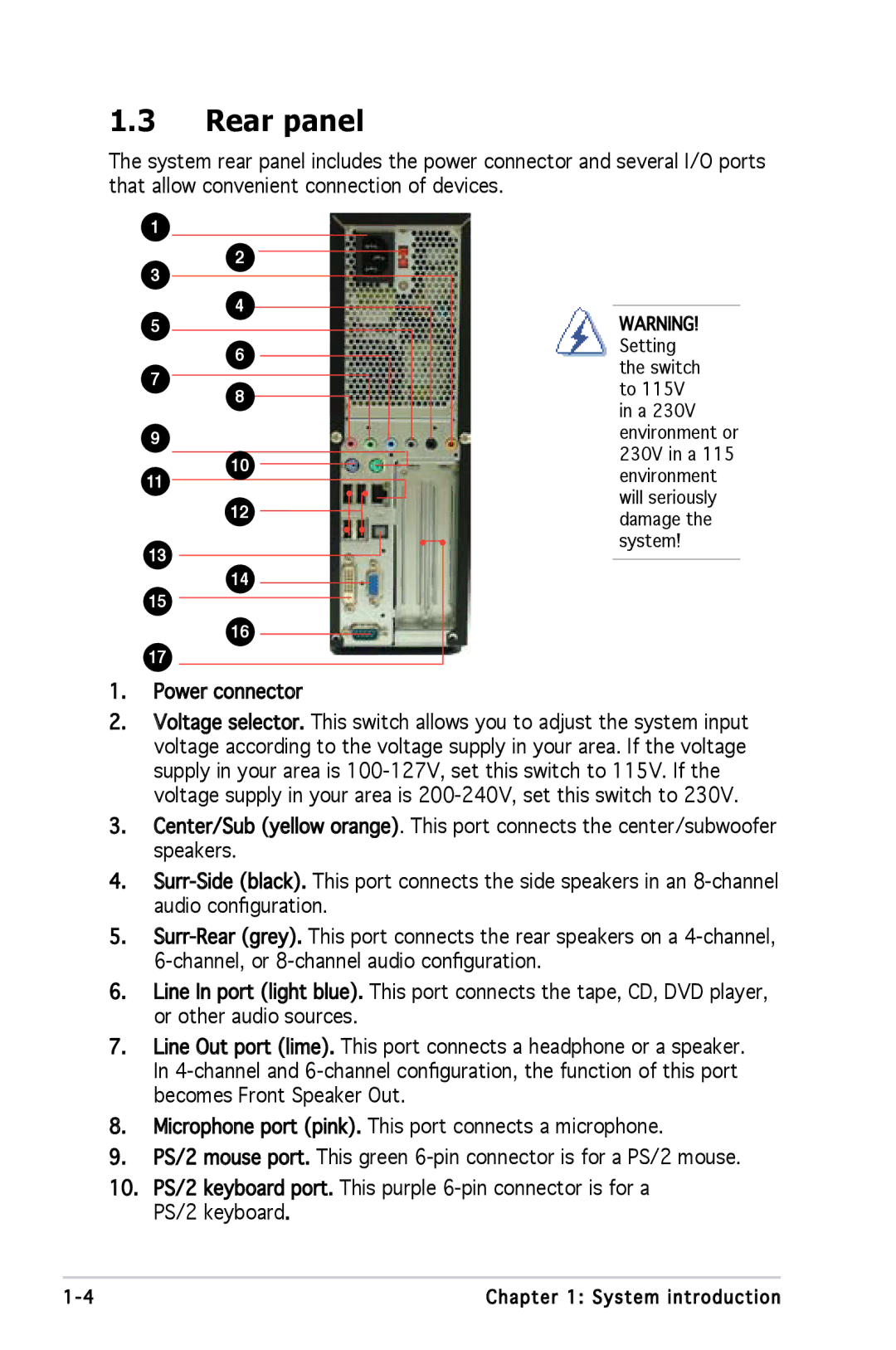 Asus P1P5945GCBLK manual Rear panel, Power connector 